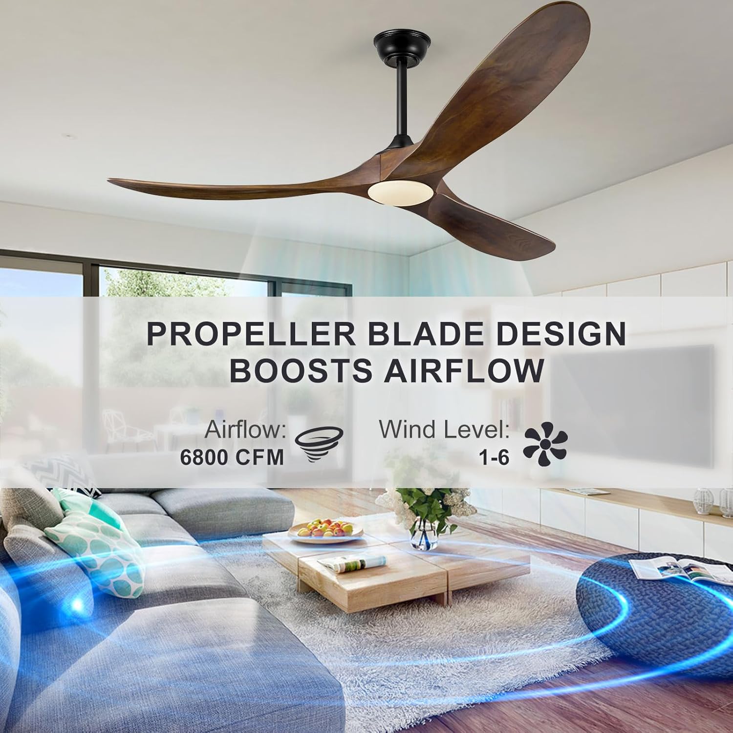 Eliora 52 Inch Ceiling Fans with Lights and Remote Control, Outdoor Ceiling Fan with Light High cfm Outdoor Ceiling Fan for Patio, Porch, 6 Speed Propeller Quiet DC Motor ETL Listed-Deep Walnut