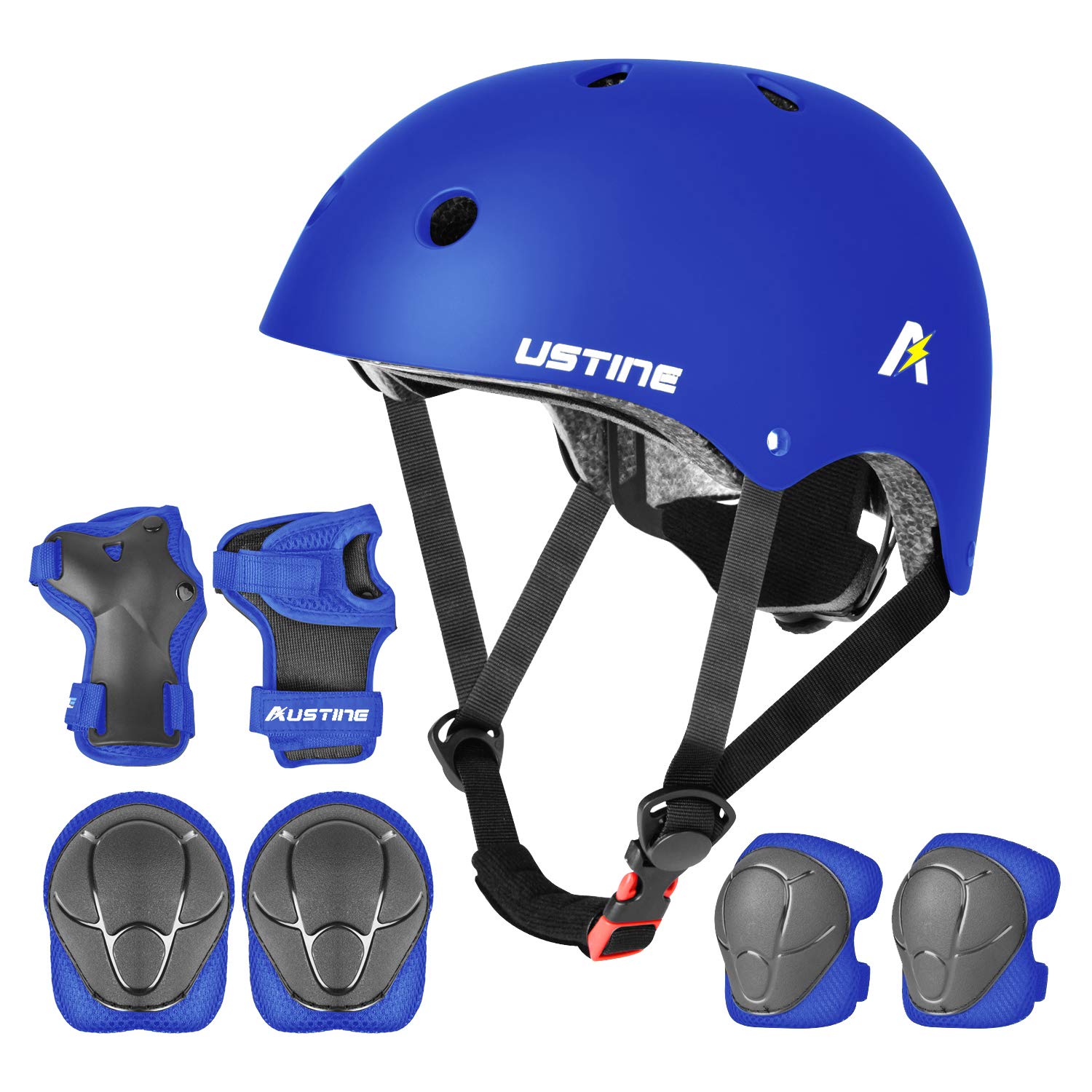 USTINE Kids Bike Helmet Set, Skateboard Helmet, Adjustable Sports Helmet, Protective Gear Set Knee Elbow Wrist Pads for Kids Youth Multi-Sports Scooter Roller Skate Cycling Rollerblading