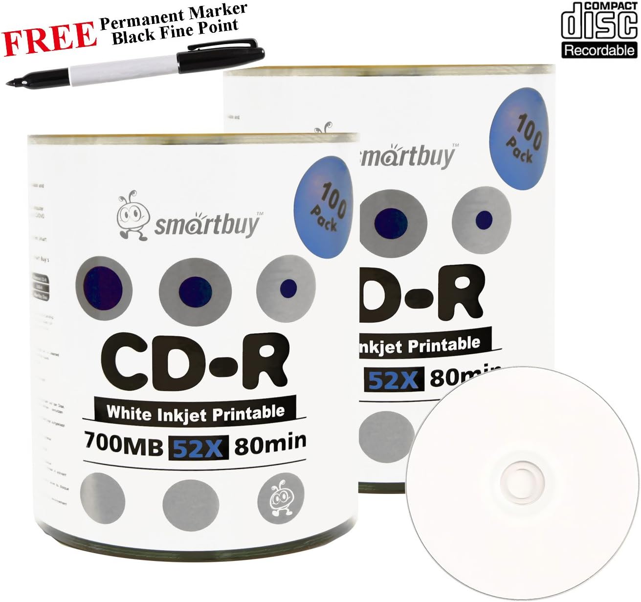 Smartbuy 200-disc 700mb/80min 52x CD-R White Inkjet Hub Printable Blank Media Disc + Black Permanent Marker