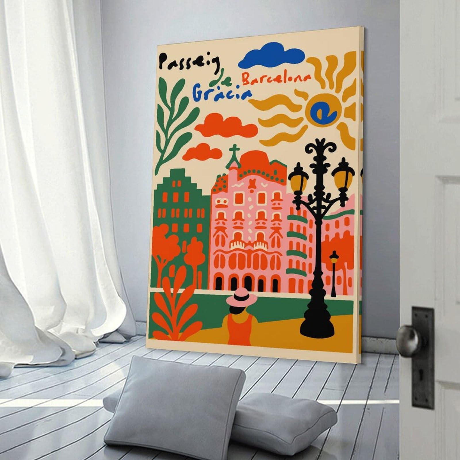 Junmoney Passeig De Gràcia, Barcelona Illustration Decorative Wall Artwork 24x36inch(60x90cm), for New Homes, Bedrooms Or Workspaces, A Wall Art Gift for Fresh Interiors