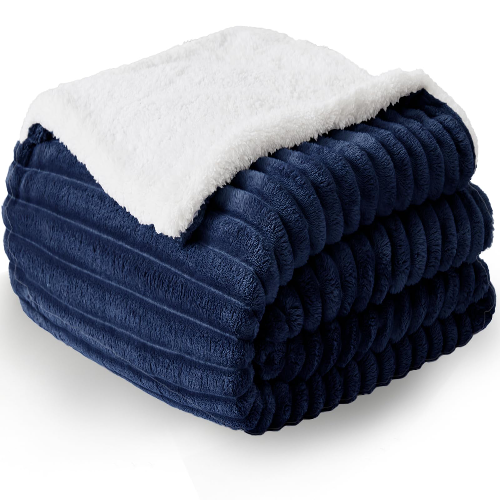 WAVVE Manta Sherpa Franela Reversible para Cama 90, Manta Polar con Cordón para Sofá,Borreguito Gruesa, Suave, Caliente, Transpirable para Invierno(Azul Marino,150 x 200 cm)