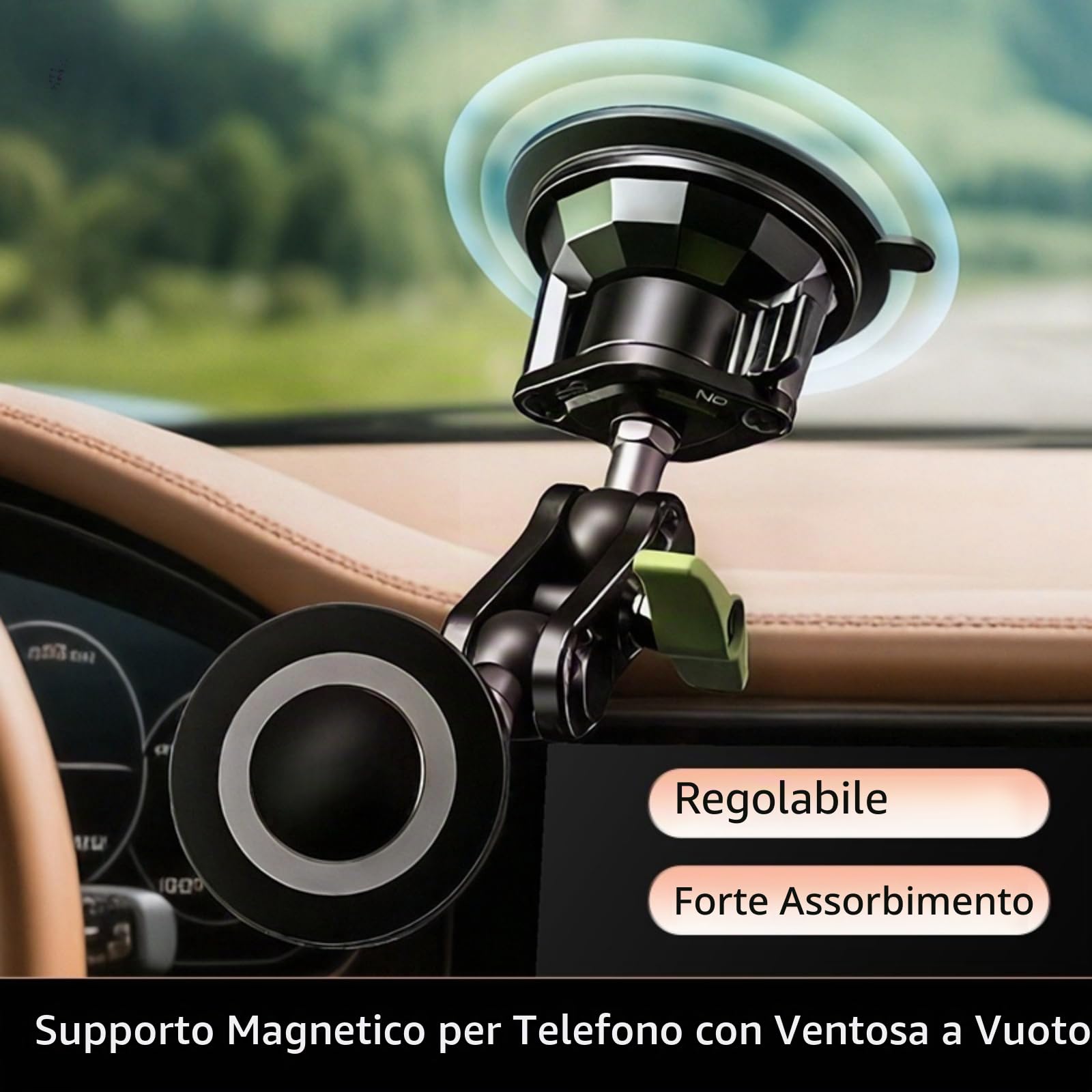 EMEBAY Supporto Magnetico per Auto, Lega di Alluminio Resistente al Calore | per Cruscotto/Parabrezza, Supporto per Telefono da Auto per Smartphone/Telecamere, Stabile, Anti-vibrazione a 360°