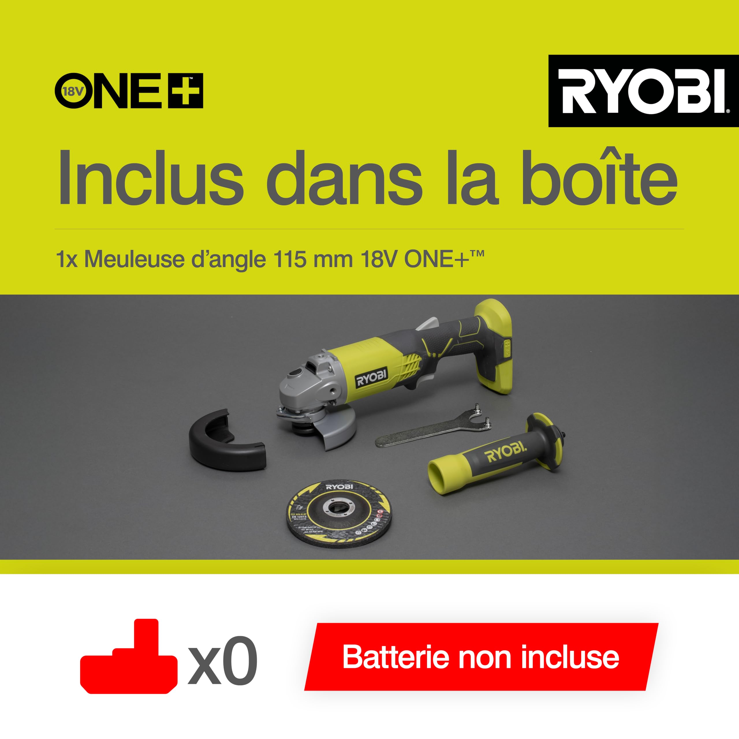 RYOBI - Meuleuse d'Angle Électrique Sans Fil 18V ONE+ Ø115mm - Utilisations sur Métal, Pierre, Parpaing, Ciment et Marbre - Bonne Autonomie - Livrée avec Accessoires - R18AG-0