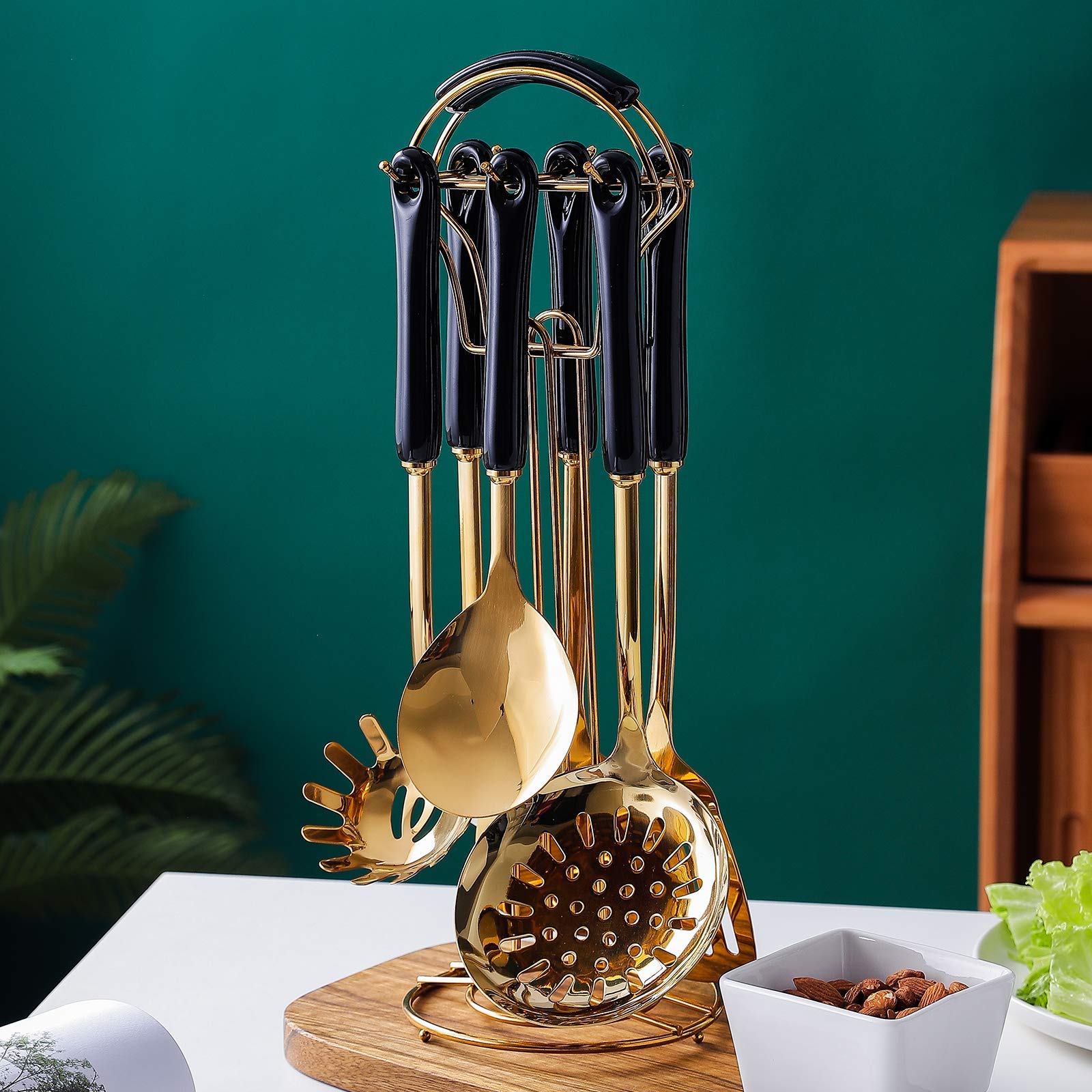 Küchenhelfer-Set 304 Edelstahl 7-teilig Gold Breite Spatel Suppenkelle Sieb Schlitzspatel Spaghetti Server Reislöffel Grün (Schwarz)