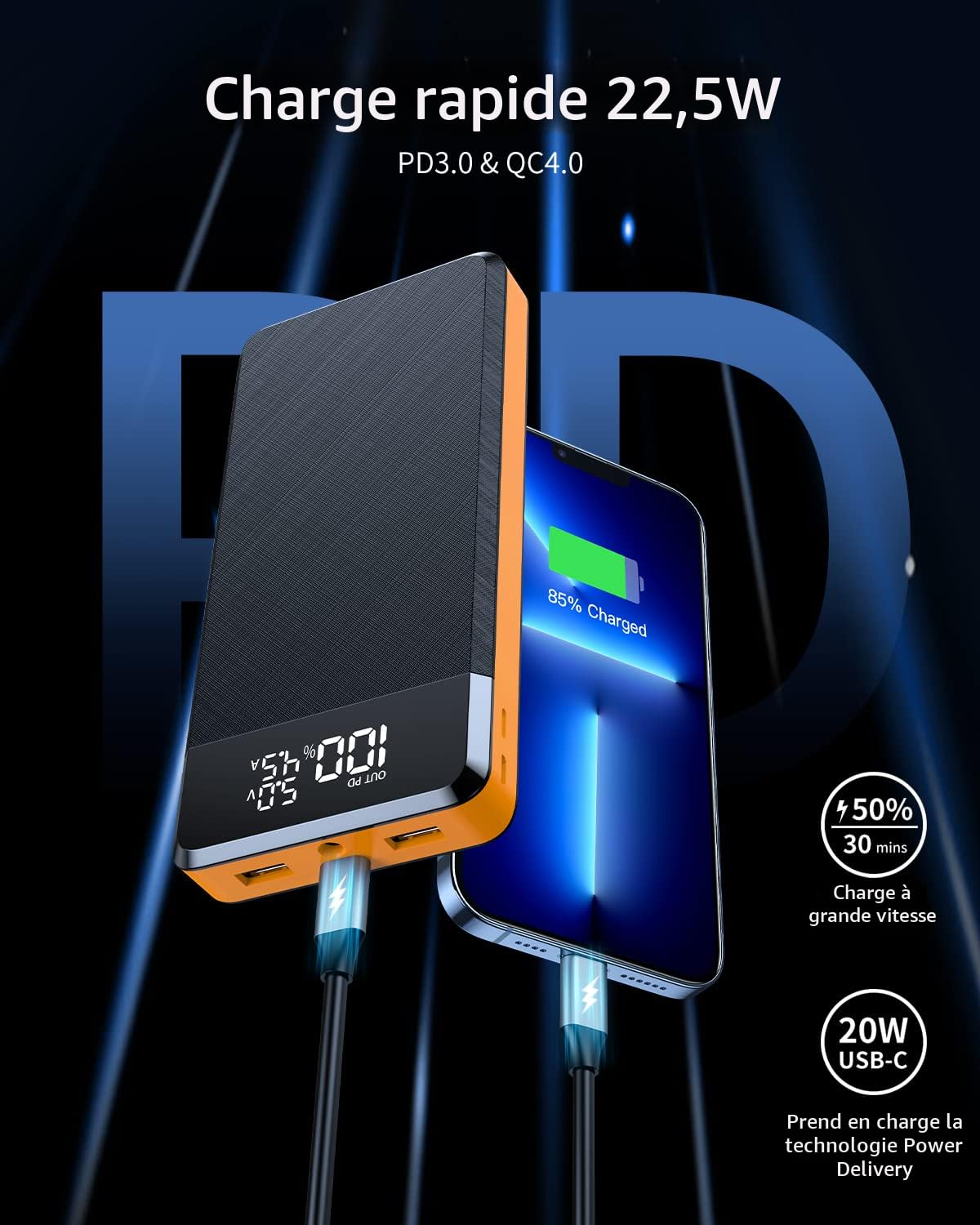 Power Bank Solare 56800mAh Con Ricarica Wireless 15W, 6 Porte E 4 Cavi Integrati, Impermeabile Per Campeggio
