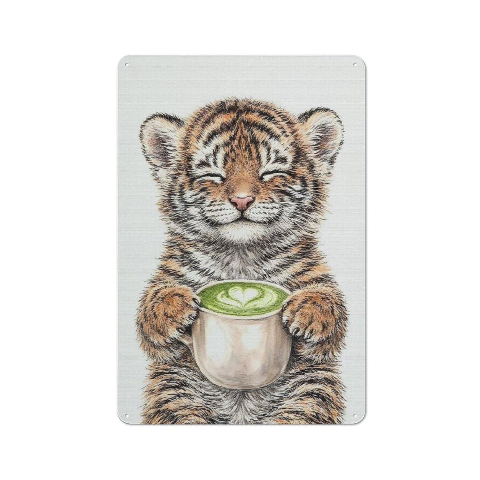 Junmoney Style-8 For Hallway Wall, Cute Tiger Cub With Matcha Latte Vintage-Inspired Metal Sign 30X20cm, A Moving-Home Gift For Collectors Of Tin Signs