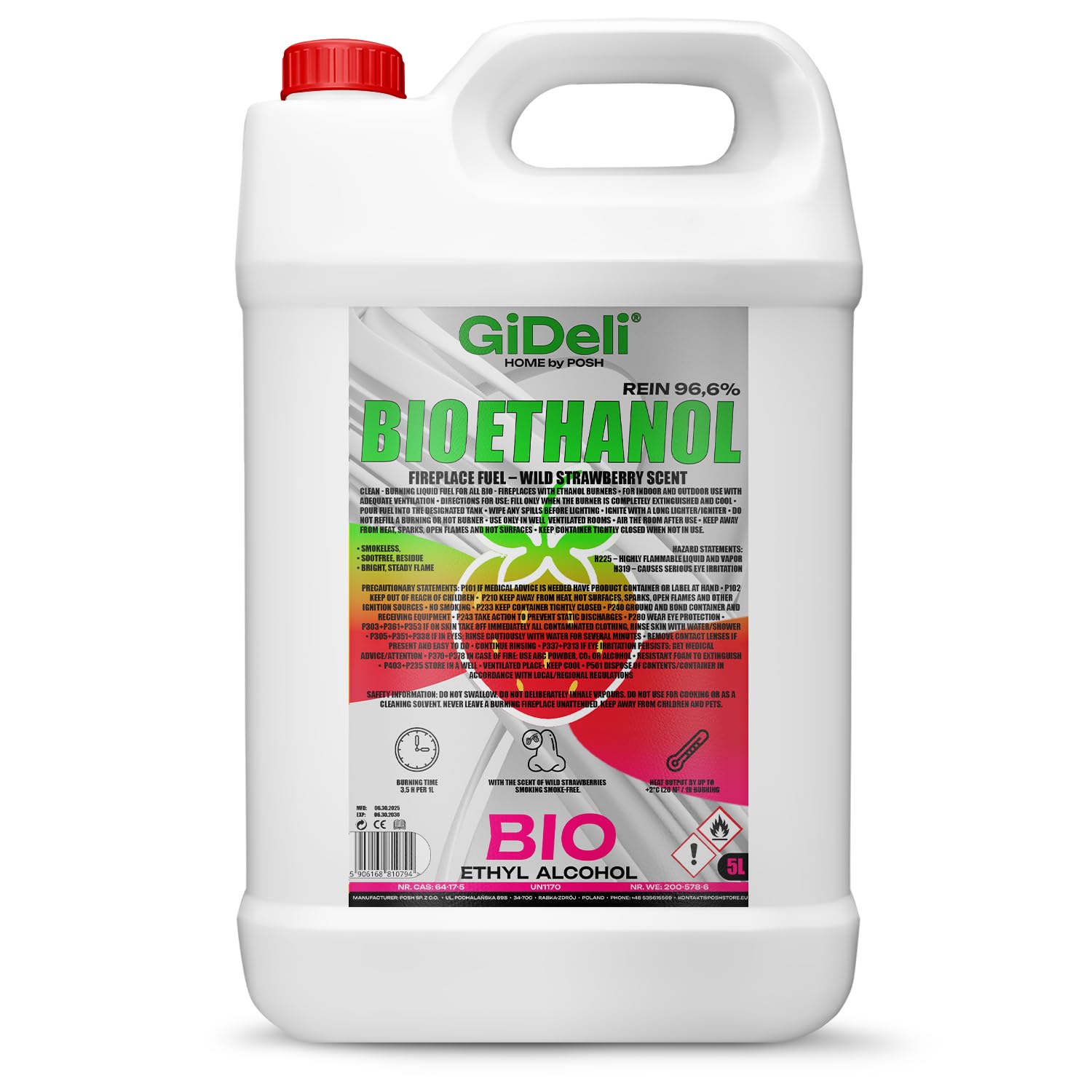 GiDeli bioéthanol 5l parfum de fraise des bois 96,6% éthanol pour cheminées intérieures et extérieures sans fumée et suie - À base de maïs et de betteraves à sucre