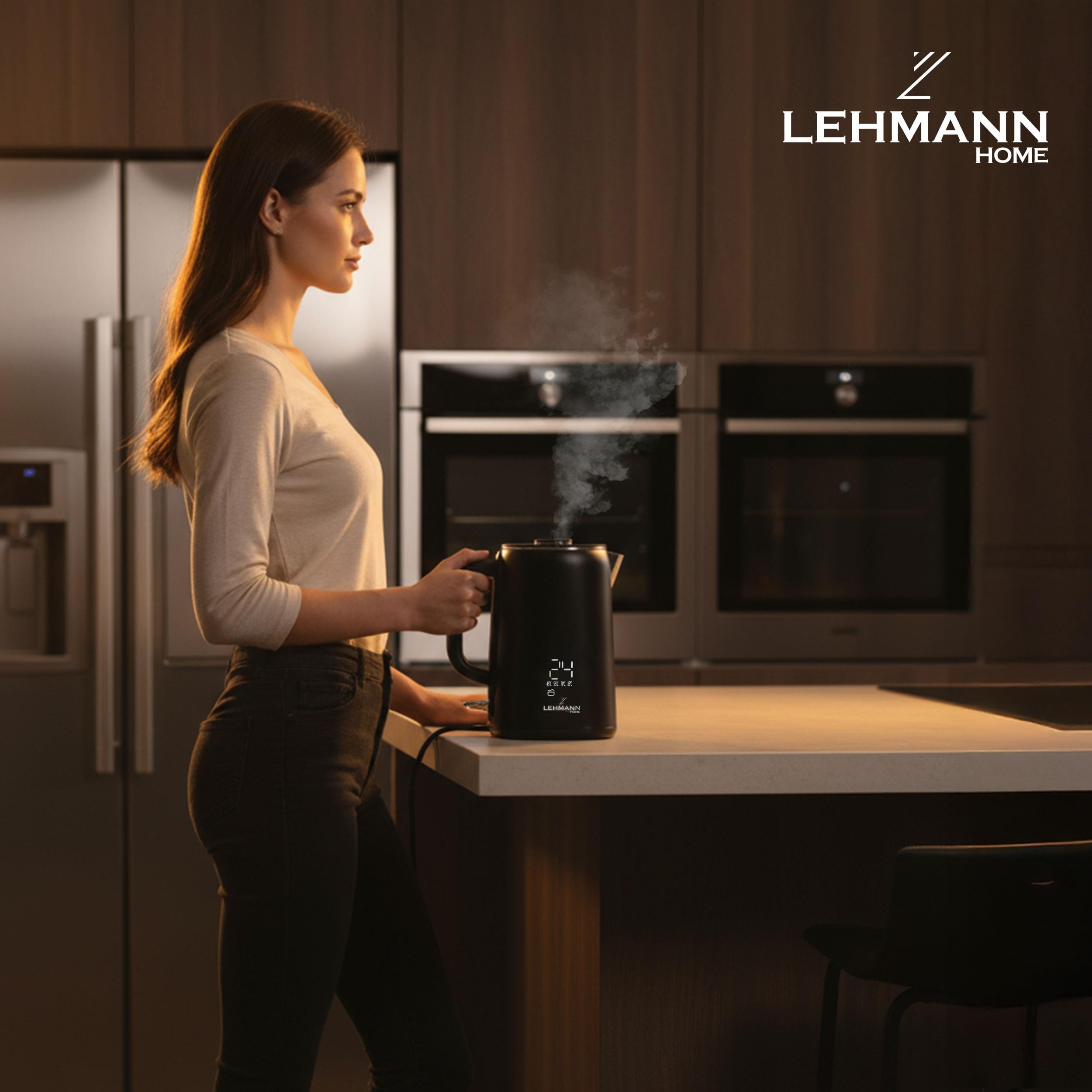 LEHMANN Bouilloire Electrique Inox 1,7L, Température réglable 45-100°C, Ebullition Rapide, Maintien au Chaud, Double Paroi, Écran Tactile, sans BPA, idéale pour Famille et Bureau, Noir Mat