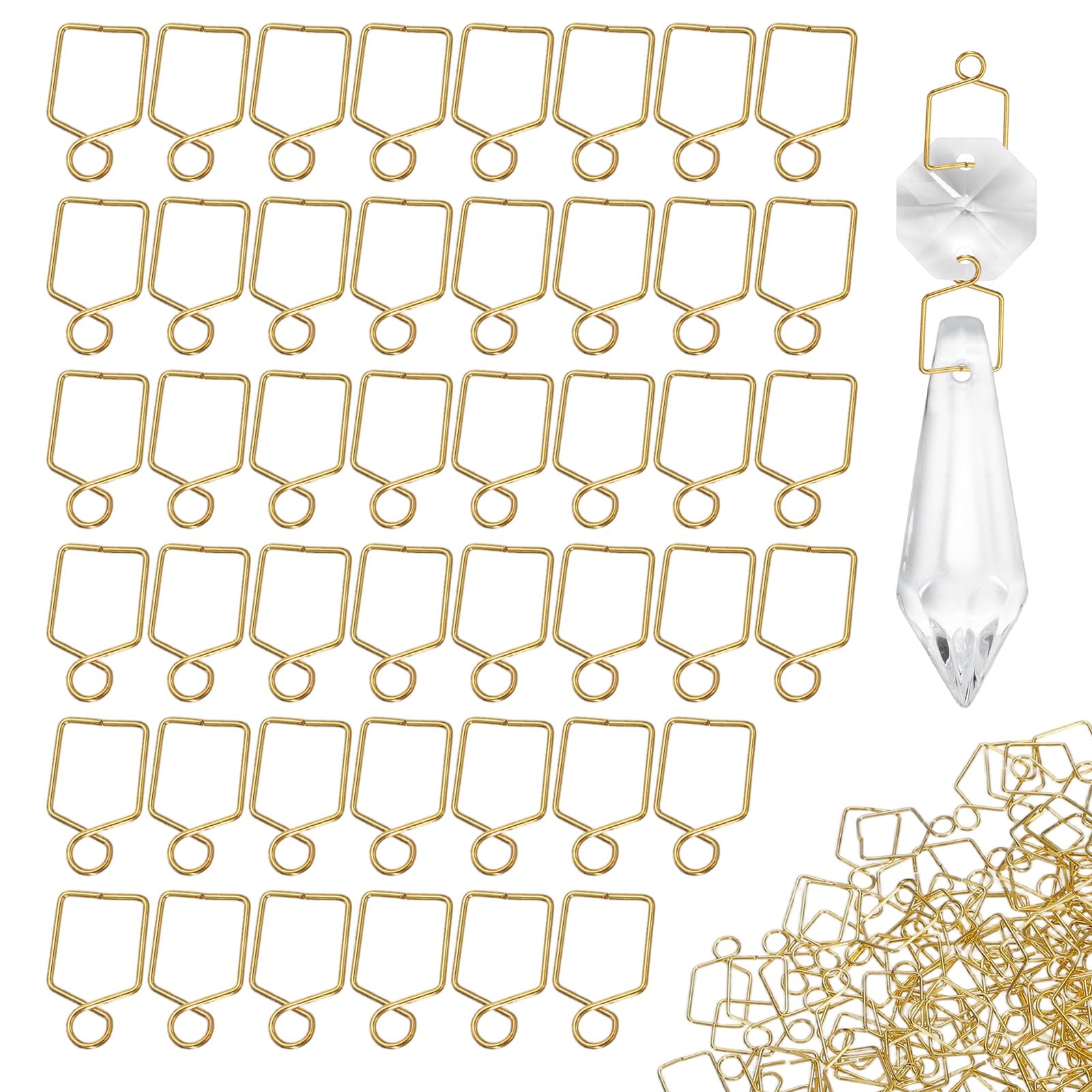 M METERXITY 200-Pack Chandelier Connectors Clips, 17 x 10 mm Iron Connector Clips Pins for Fastening Connecting Crystal, Suncatcher, Chandelier, Ceiling Light Parts [Gold]