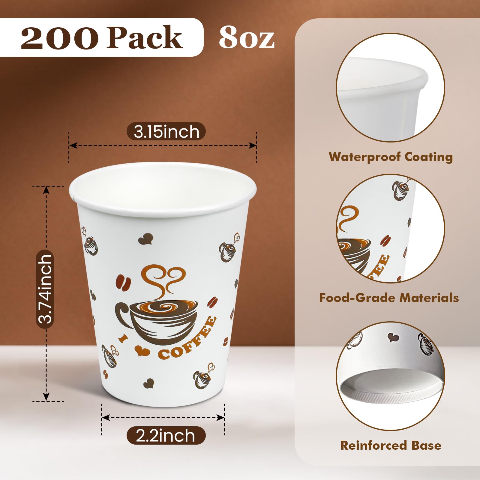 Ginkgo Lot de 200 tasses à café jetables de 236,8 g | Tasses à expresso en papier épais anti-fuite | Parfaites pour les fêtes, la maison, le bureau, le cacao chaud et le chocolat