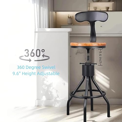Miniatura 3 de Juego de 2 taburetes de bar industriales con respaldo de 23 a 33 pulgadas, asiento giratorio de madera, isla de cocina, comedor, taburete de Negro