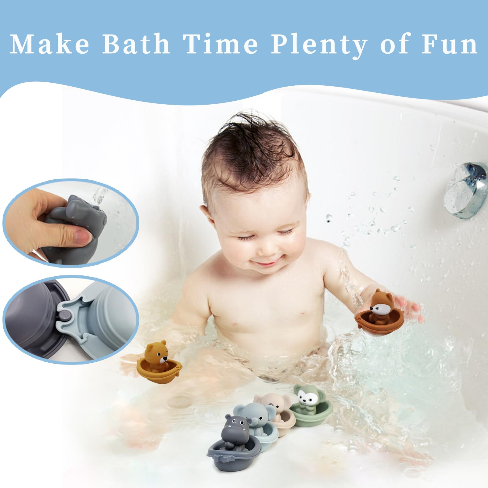 Bath Toys Floating Boats, 12 Pcs Baby Bath Toys 6-12 Months - Soft, Squeezable & Float on Water, Silicone Bath Finger Puppets for Toddlers Animal Bathtub Toys for 1 2 3 4 5 Boy Girl Kids (12)