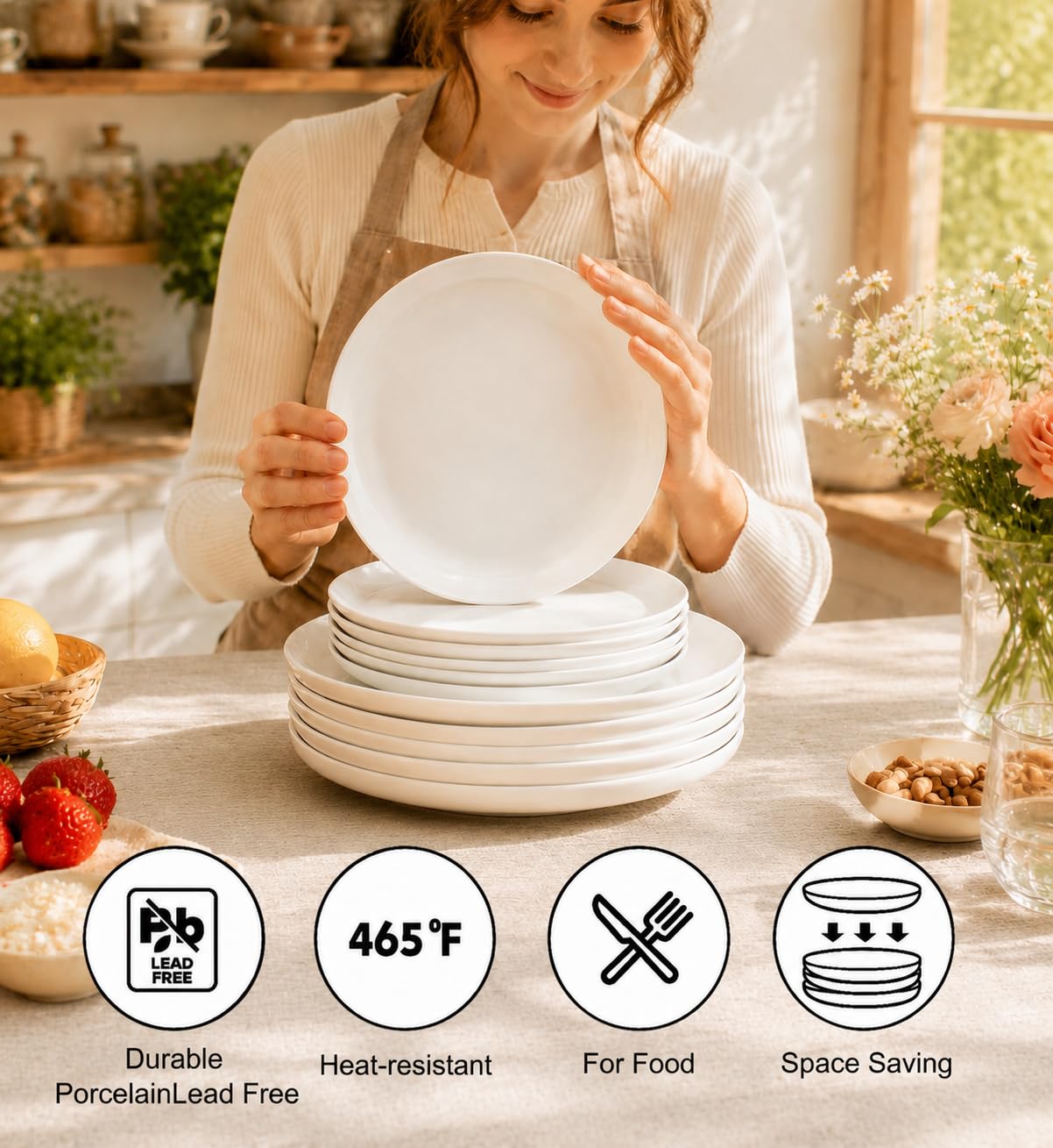 AntoKueh Juego de 6 platos de cerámica blanca de postre redondos de 8 pulgadas, platos blancos con bordes de labios, adecuados para aperitivos, pan, aptos para microondas