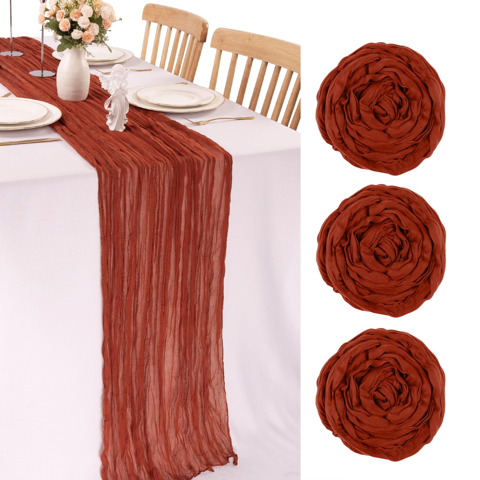 TuTive Crinkle Cheesecloth Table Runner Bulk 13.3FT Long Boho Table Runner 3 Pack Sheer Cheese Cloth Fabric for Wedding, Bridal, Baby Shower, Holiday Party Decorations (Terracotta,35x160 Inch)