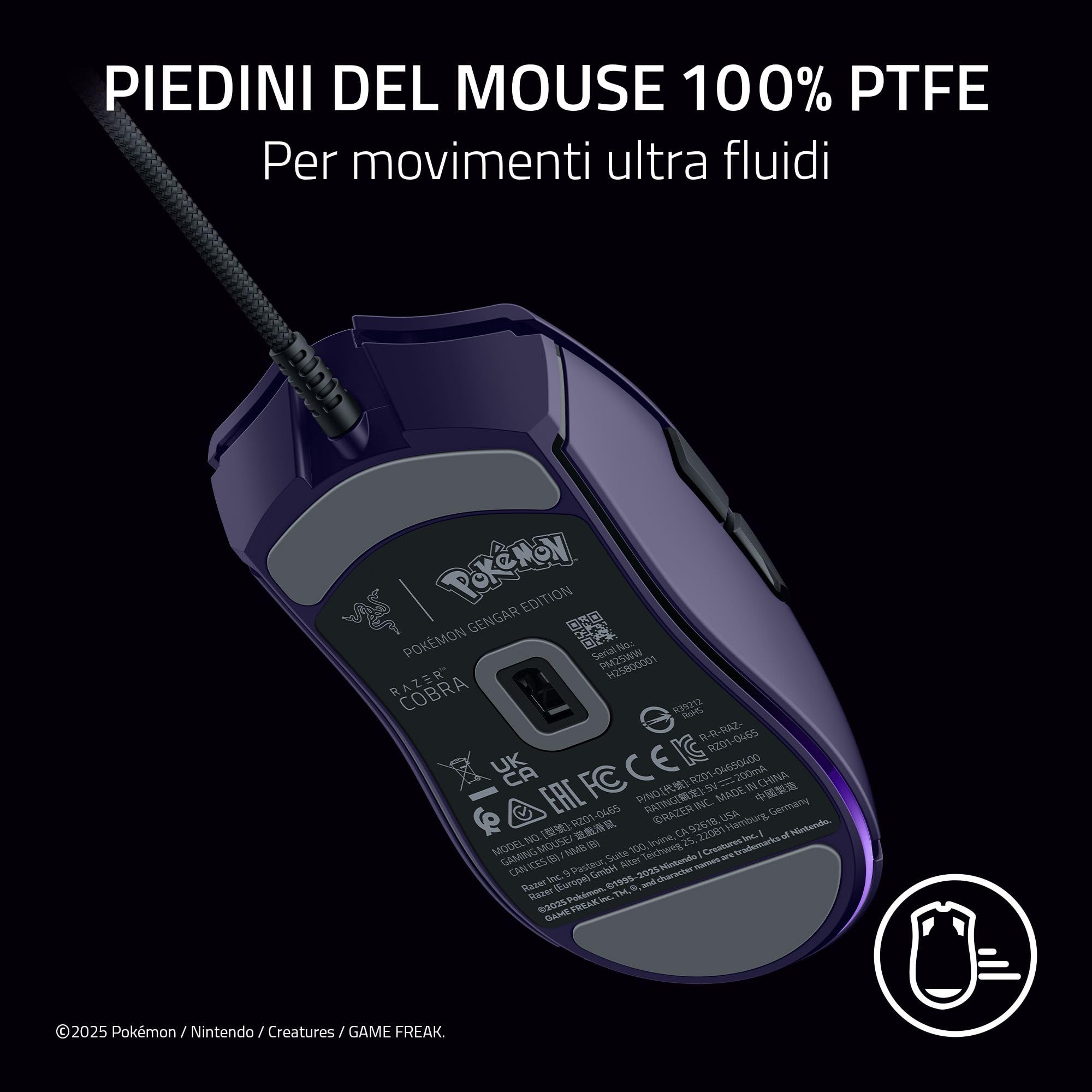 Razer Cobra Gengar Edition - Mouse da gioco leggero con cavo - Sensore da 8500 DPI - 58 g - Interruttori ottici di terza generazione - Illuminazione Chroma - Cavo Speedflex - PC/MAC | Pokémon Gengar