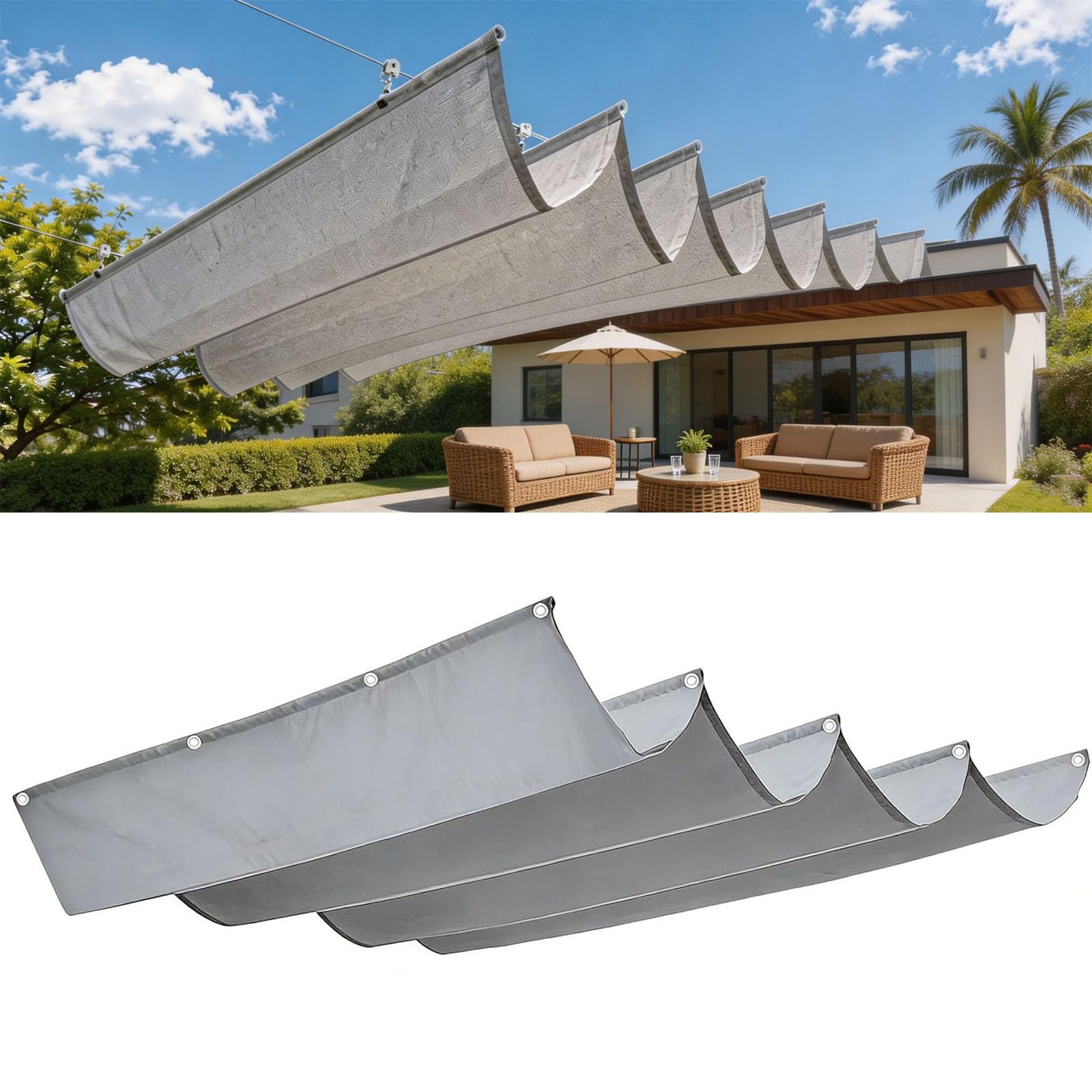 Voile d'ombrage rétractable vague imperméable anti-UV et indéchirable 2,5x7,5m gris
