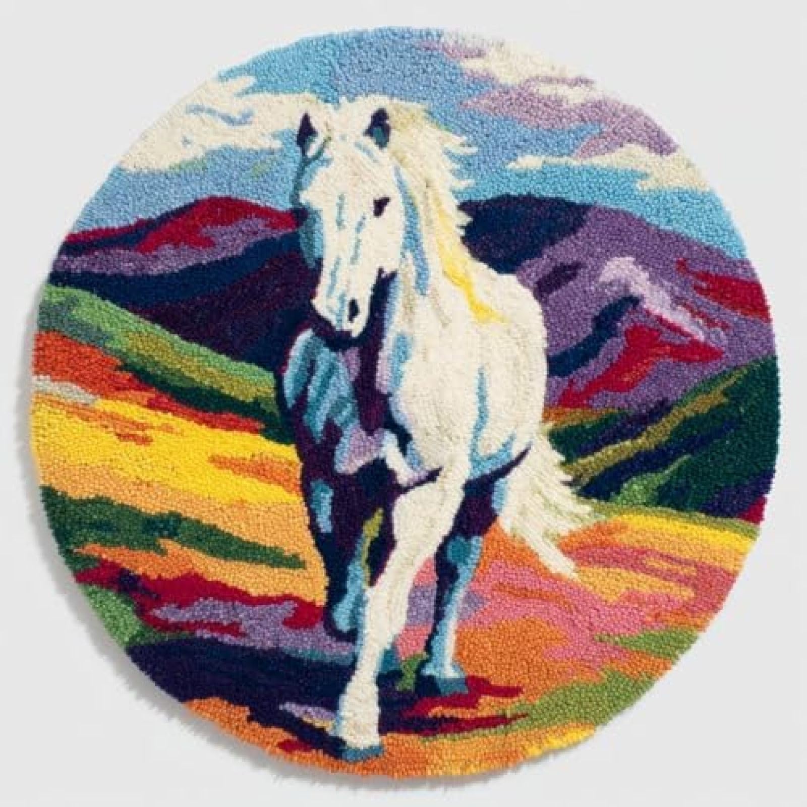 XDEGHUANGSS Latch Hook Rug Kit White Horse and Mountains Round Rug 52x52cm