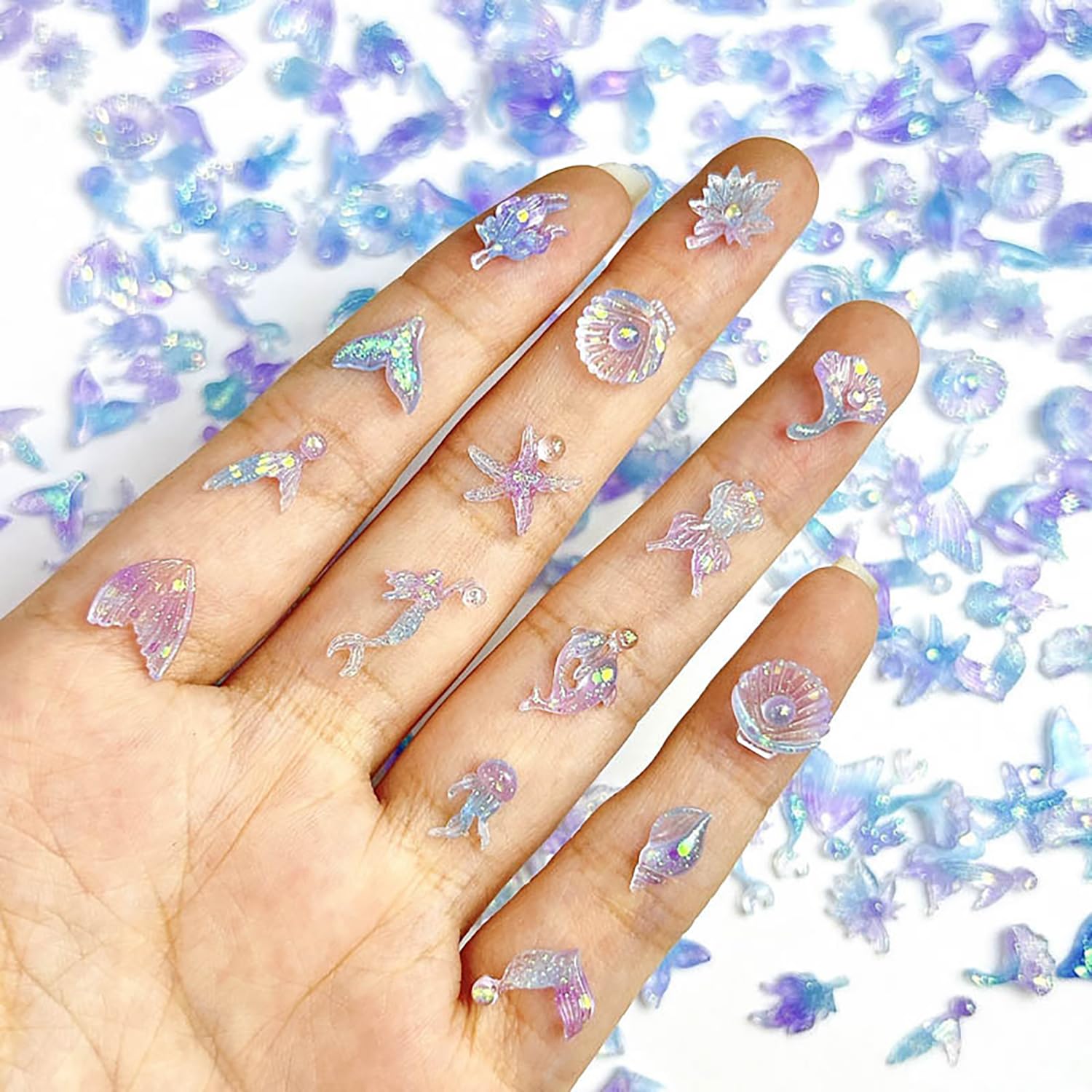 100Pcs Ocean Theme Nail Gems and Charms Mermaid Jellyfish Seashell Starfish Nail Rhinestones Glow in The Dark Designs Summer Ocean Nail Jewelry Cute Seaweed Shells Nail Art Charms for Women Nail Art-image-44