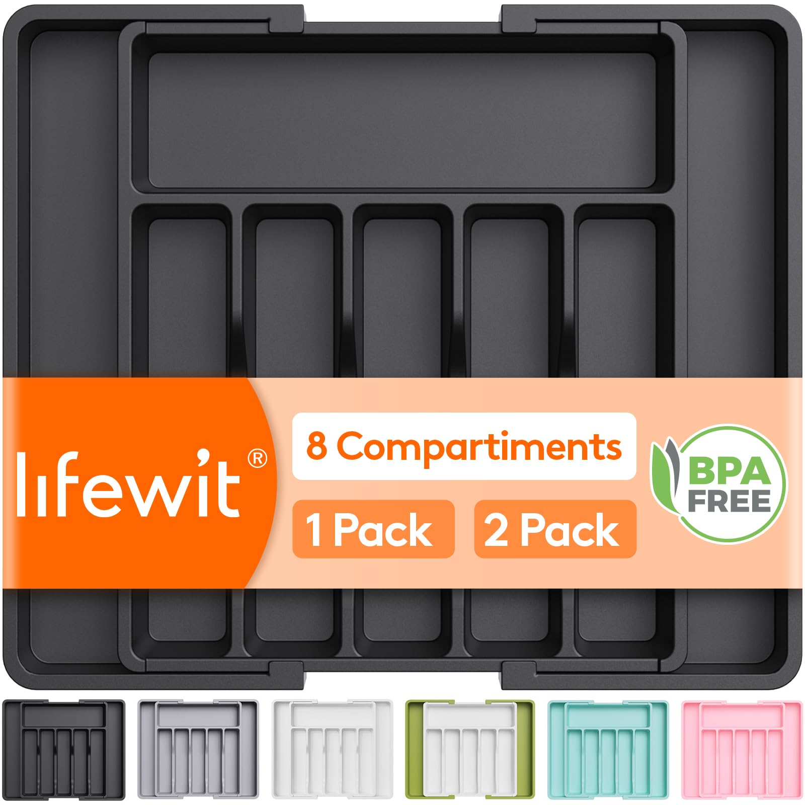 Lifewit Range Couverts pour Tiroir, Plateau d'Ustensiles Extensible, Organisateur de Cuisine Réglable, Rangement Compact pour Contenir des Cuillères, Fourchettes, 33-57 x 38 cm, Lot de 1,Noir Recycled Claim Standard 100