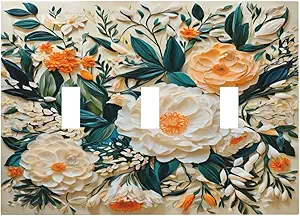 Decorative Switch Covers Plate Rustic Big Flowers Abstract Floral 3 Gang Wall Plate Oversized Triple Toggle Light Switch Plate Jumbo Faceplate for Country Bedroom Home Decor