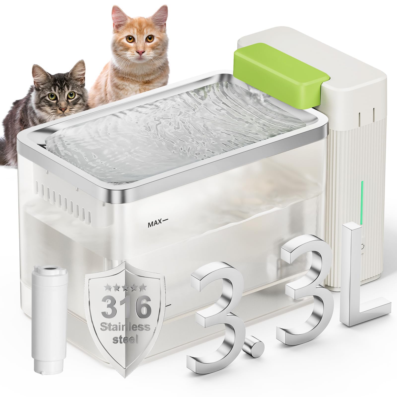 A3Lite Fontanella per Gatti Acciaio 3.3L, Disco in Acciaio 316, Filtrazione Tripla, Ultra Silenziosa (≤20dB), Modalità Touch Cascata/Energia, Avviso di Mancanza d'Acqua -Bianco