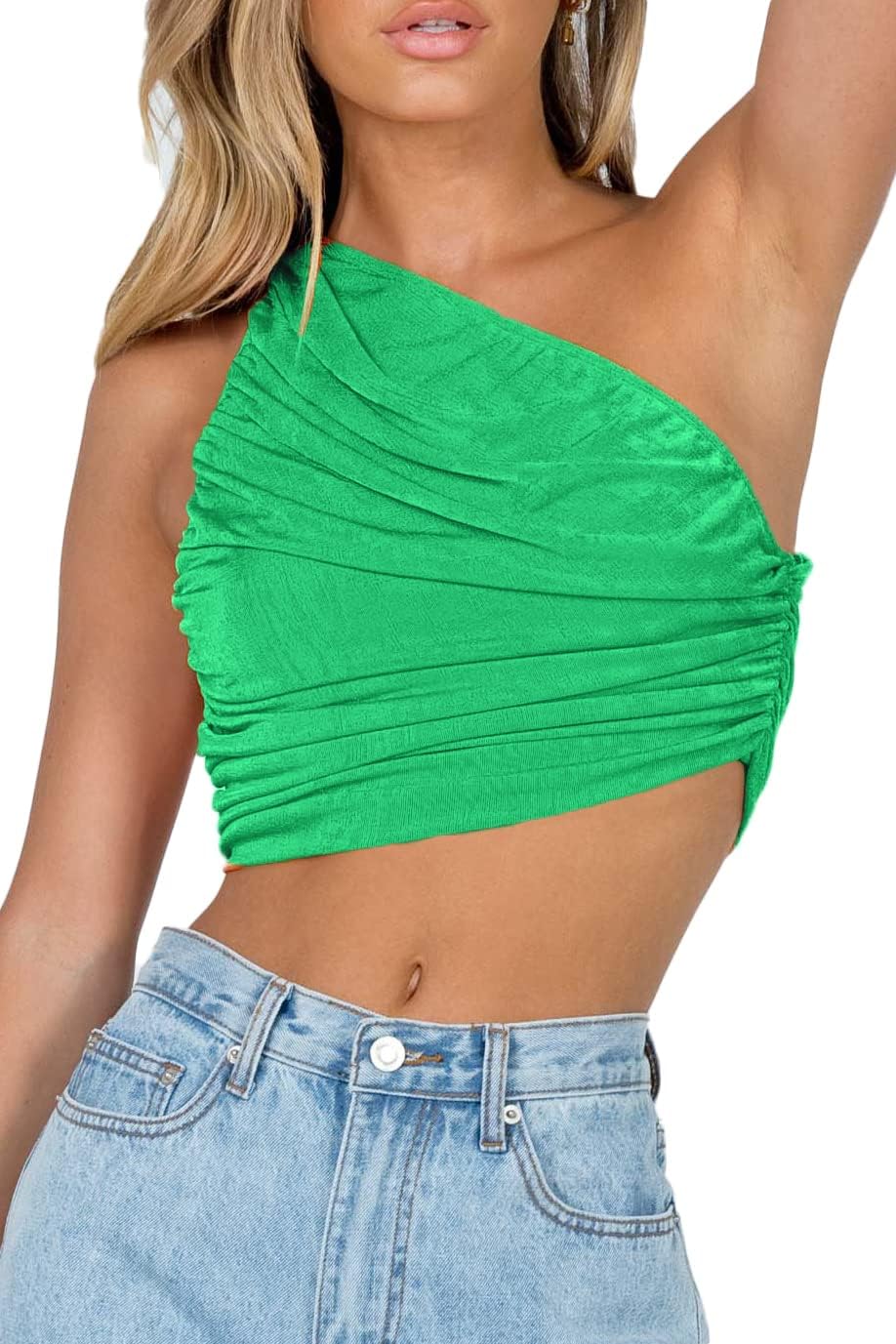 CHYRII Women's Sexy Sparkly One Shoulder Crop Tops Sleeveless Ruched Tank Tops - Image 5