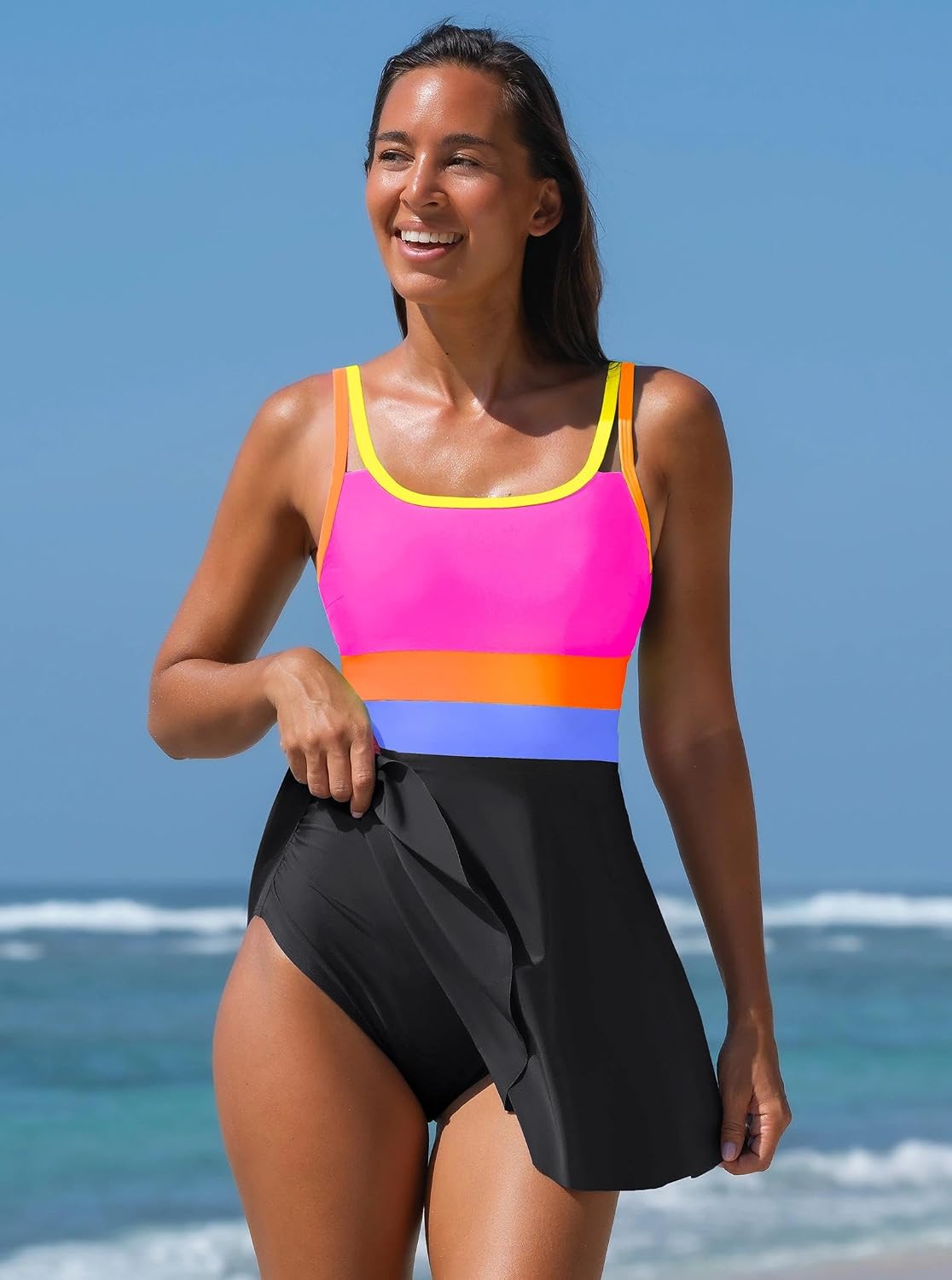 popvil Women One Piece Swimsuit 2026 Tummy Control Bathing Suit Neon Modest Swim Dress with Skirt Full Coverage