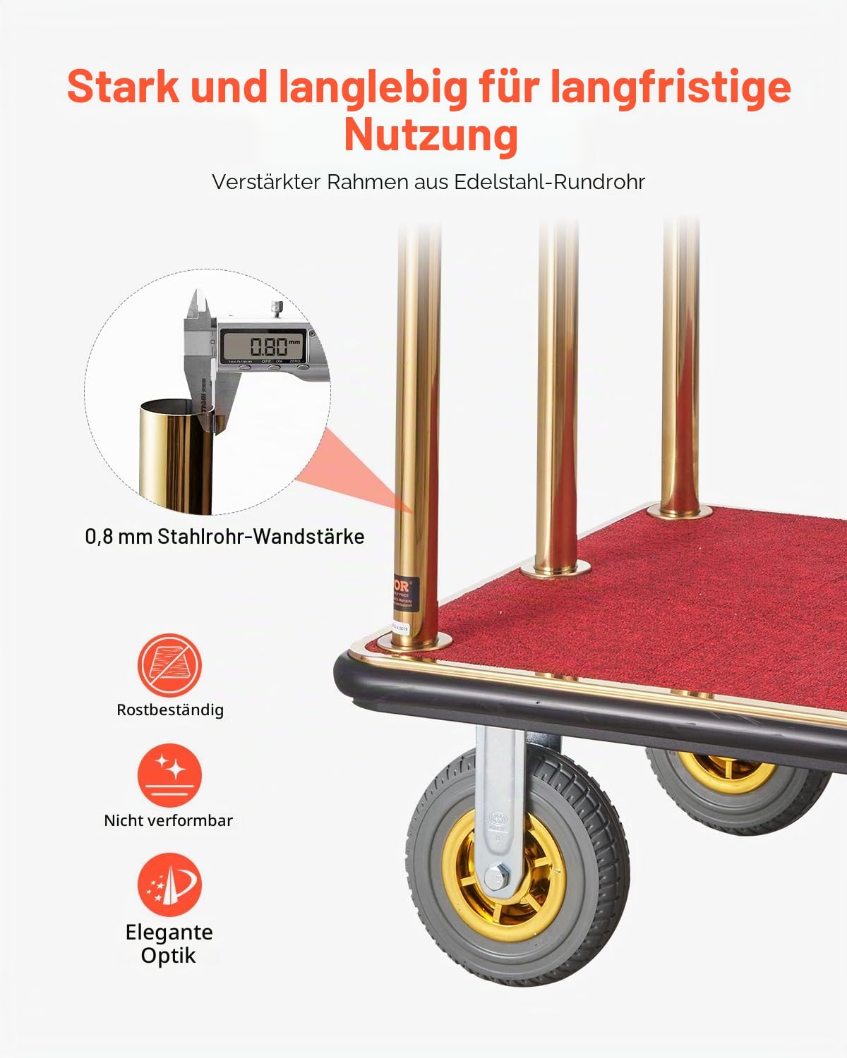VEVOR Hotelgepäckwagen, 680 kg Tragkraft, Pagenwagen mit gebogenen Pfosten, Hotelwagen, Kofferwagen mit rotem Teppichboden und 20 cm großen Gummirädern, ideal für Hotels, Eigentumswohnungen, Resorts