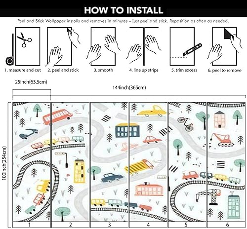 Miniatura 6 de Murales de pared modernos 3D sin costuras dibujados a mano, coches, trenes, camino, dibujos animados para niños, ilustraciones de despegar y pegar,