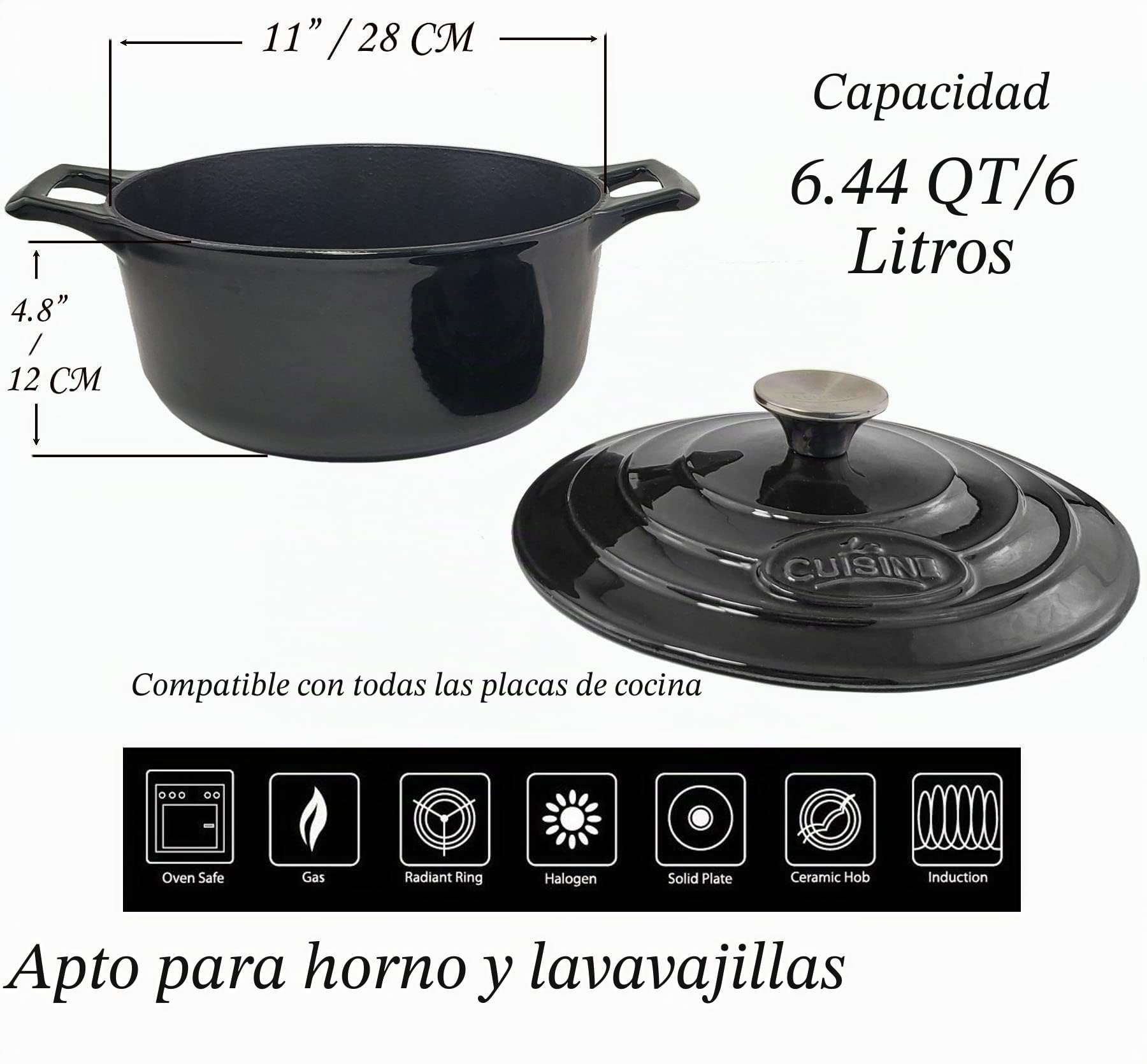 La Cuisine LC - Cacerola redonda (2140 MB, hierro fundido, acabado esmaltado), color negro