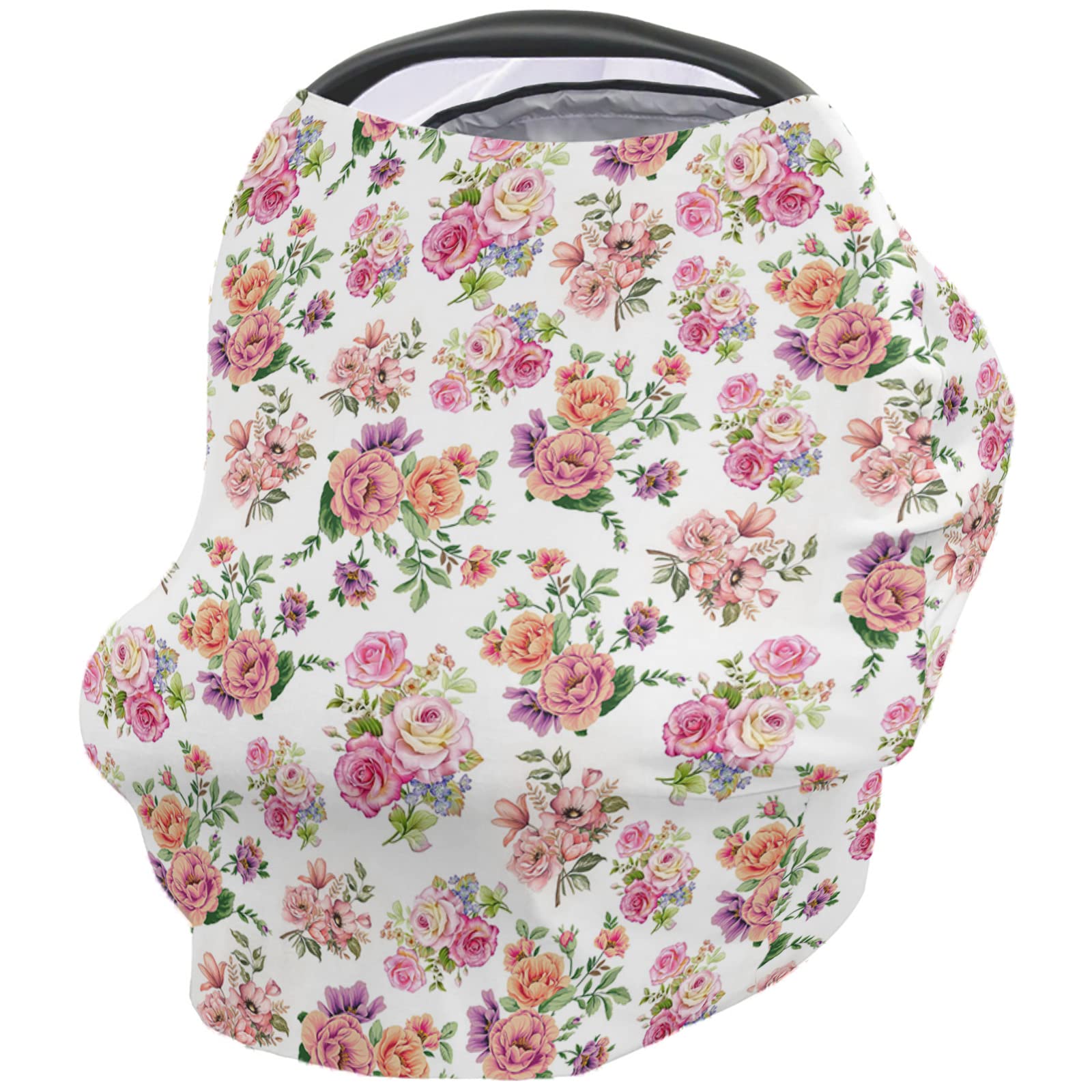 Nursing Cover for Breastfeeding Scarf, Pink Floral Leaves Baby Car Covers Super Soft Multi Use for Canopy Shopping Cart Cover Blanket Stroller Cover