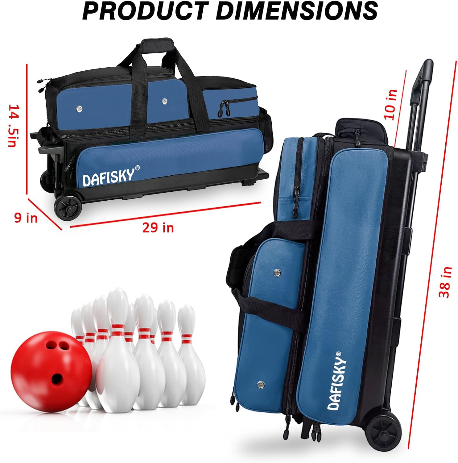 DAFISKY 3 Ball Bowling Bags with Wheels, Roller Bowling Bag with Multiple Pockets Retractable Handle Extends to 38‘’