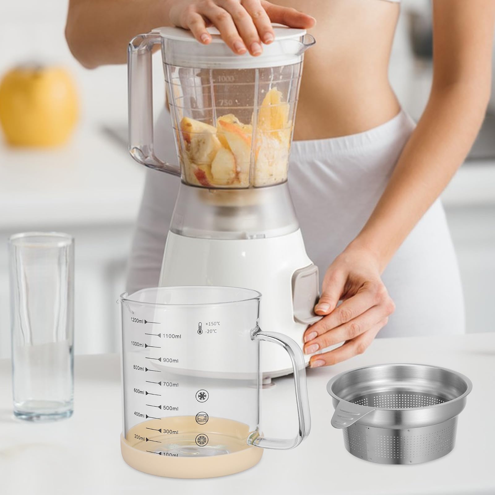 Fettabscheider Multifunktionaler Saft und Sojamilchfilter mit Edelstahlfilter aus Glas 1200ml für Einfache Reinigung und Silikongriff in Küche