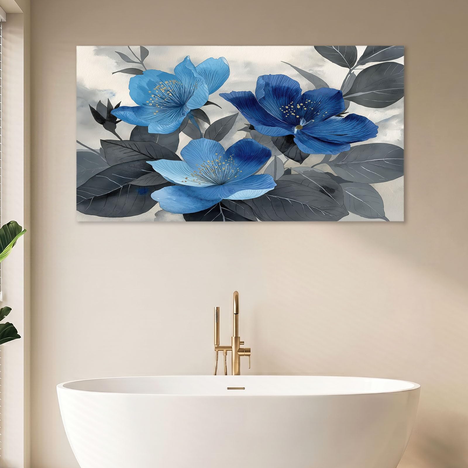 Generisch Planta Flor Mural con Marco, 140 x 70 cm, lienzo gris, flores, hojas, decoración de pared, impresión de alta definición, marco de madera maciza, fácil montaje, versátil