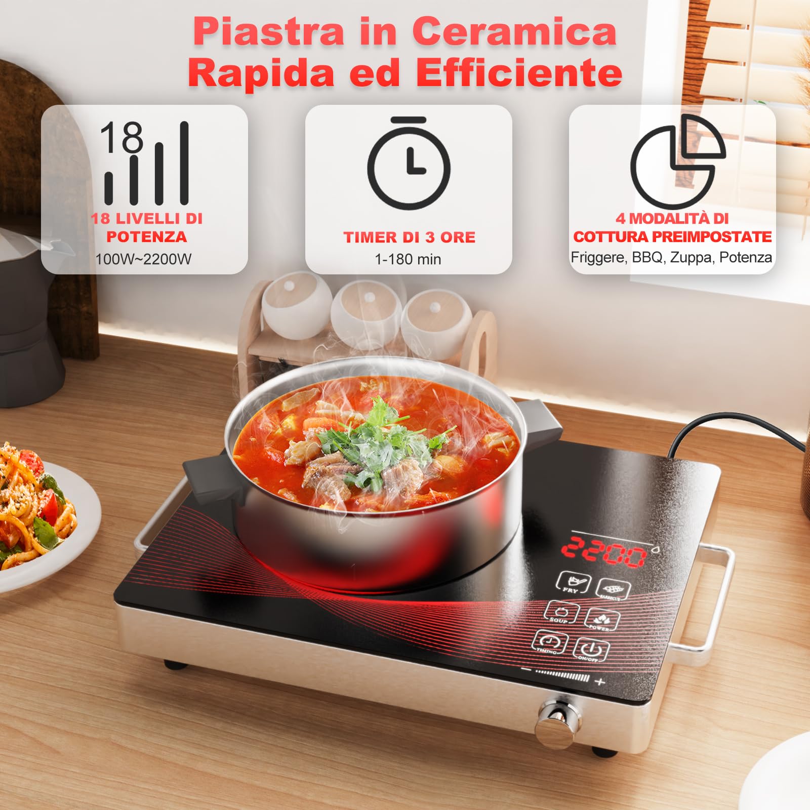 Argyolas Fornello Elettrico 1 Piastra in Vetroceramica,Piano Cottura Elettrico Portatile,Piastra Vitrocéramique 1 Feu, Piastra Calda Infrarossa Elettrica Portatile per Cucinare