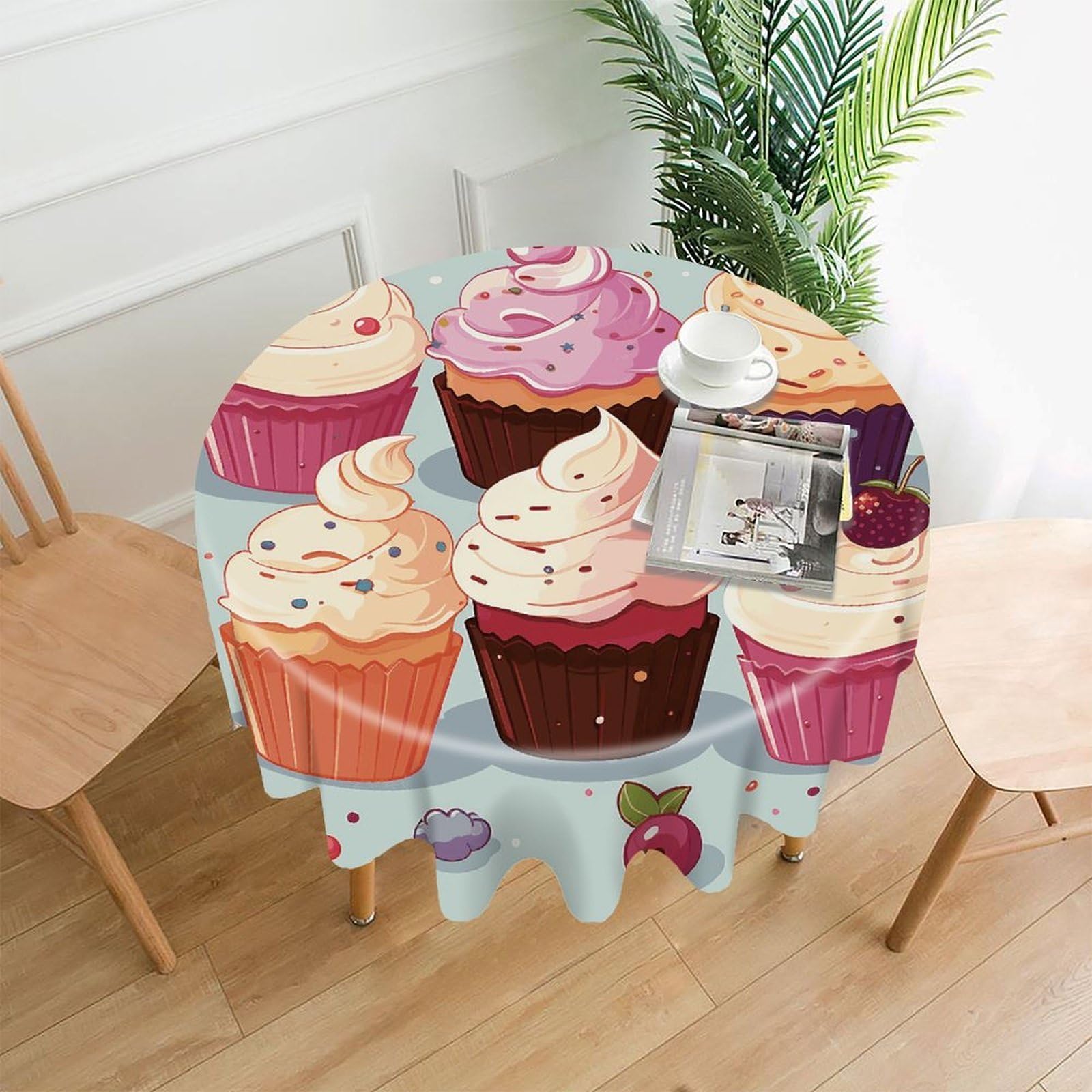 Delicious Cupcakes Tablecloth Exquisite Wrinkle-Free Straight-Edge Round Table Cloth Anti-Fading Premium Polyester Tablecloth Waterproof Folding Table Cloths for Tables Decor