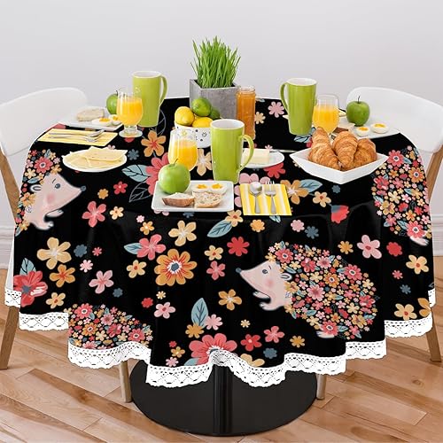 Miniatura 2 de Mantel redondo de poliéster resistente a las manchas, diseño de erizos, flores florales, de 60 pulgadas, para comedor, cocina, fiesta, vacaciones,
