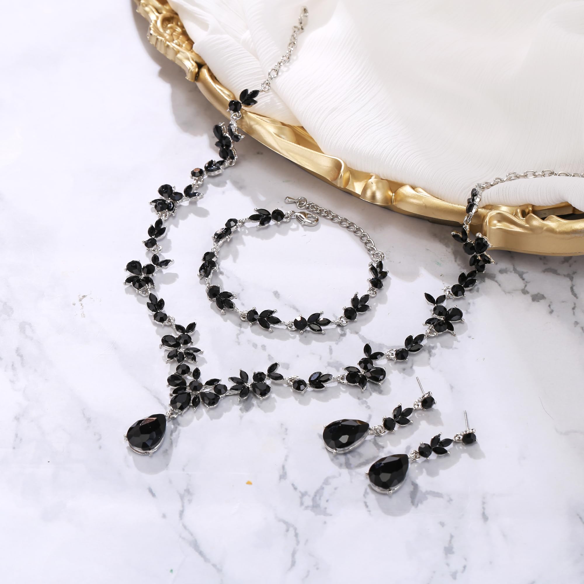 Set di gioielli da sposa per donna, collana a Y, bracciale da tennis e orecchini pendenti, set di cristalli a goccia, marquise cluster gioielli per sposa damigella d'onore blu argento