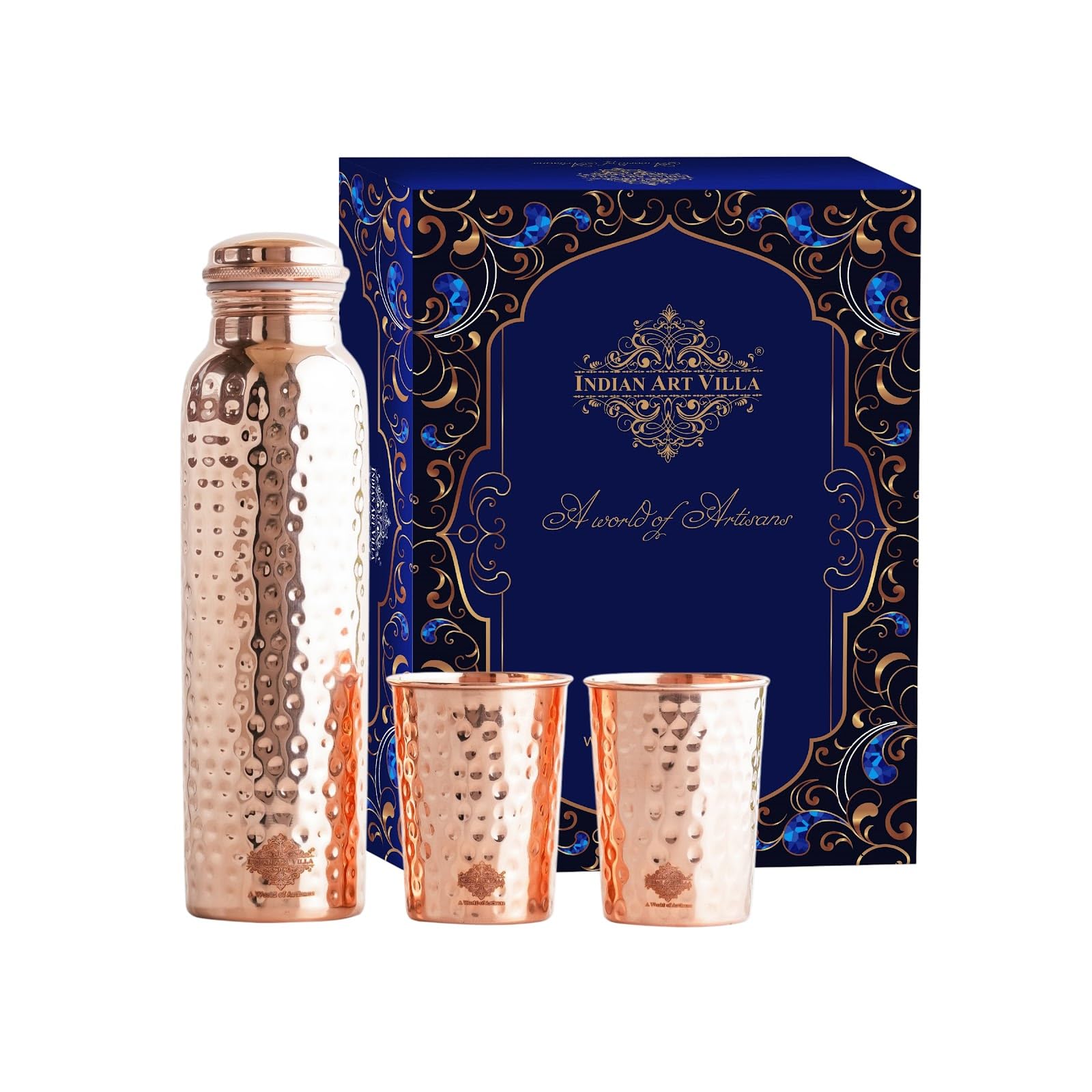 Indian Art Villa Pure Copper Drinkware Gift Set of Hammered Design 1 Bottle 2 Glass With Gift Box