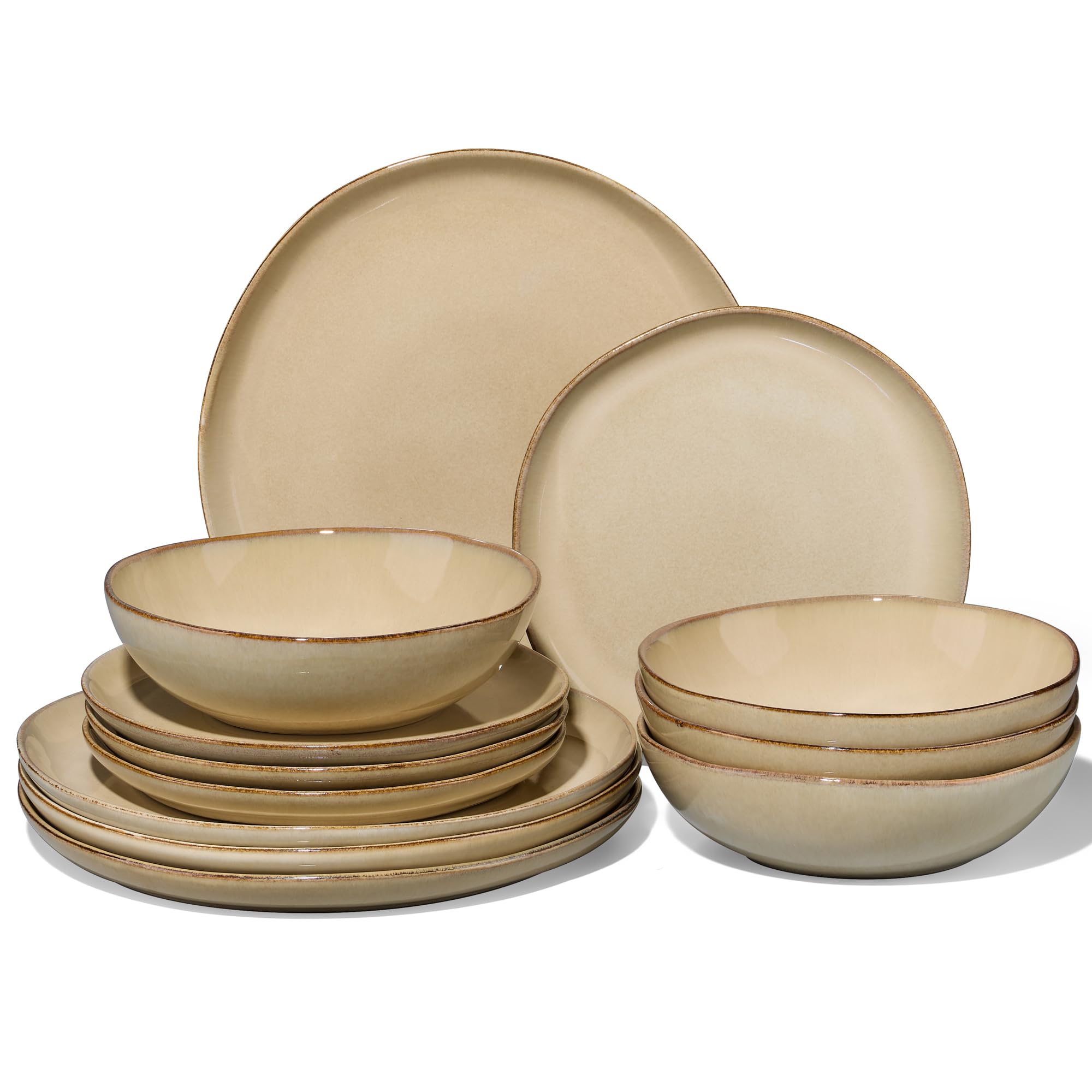 Joyfair Dinner Set, 12 Pieces Stoneware Dinnerware Set Service for 4, Reactive Glaze Irregular Shape Plates and Bowls, Chip & Scratch Resistant, Microwave & Dishwasher Safe, Sandy Khaki