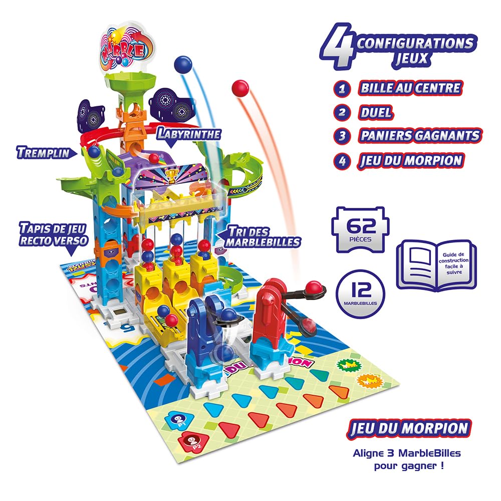 VTech - Marble Rush, Circuit à Billes Gaming Set S300, Jeu de Construction, 62 Pièces, 12 Billes, 1 Tapis de Jeu Recto Verso et 6 Jetons, Cadeau Enfant Dès 4 Ans - Contenu en Français