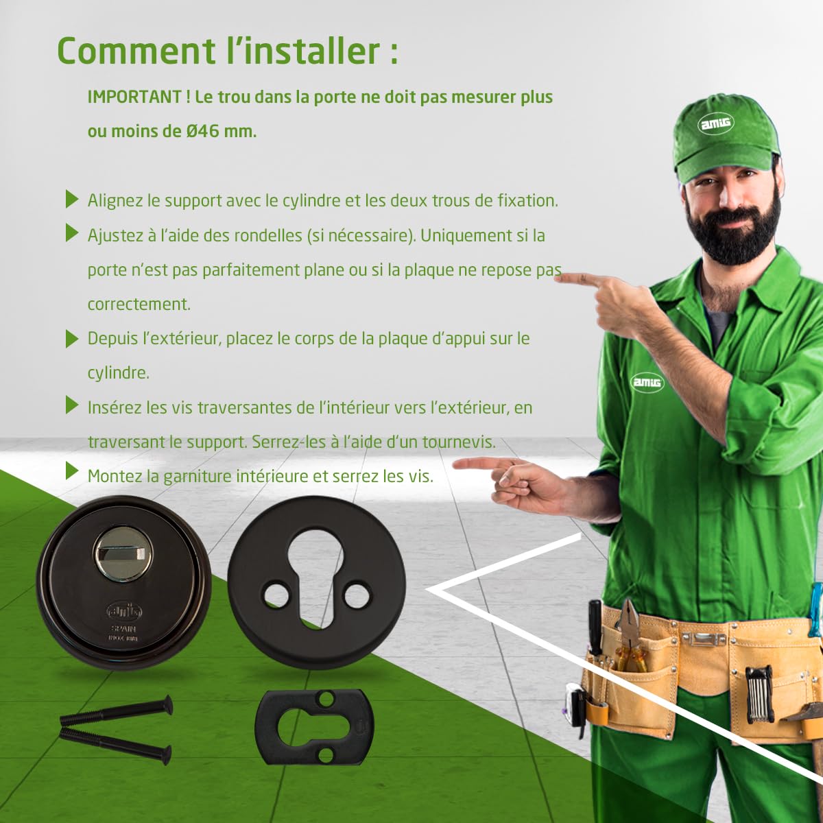 Amig - Protège-cylindre de sécurité Mod. 31 - Acier - Noir - Anneau extérieur creux - Ø65 mm - Avec plaque anti-perçage - Avec vis et support - Pour cylindre Europrofil EN1303 - Corps en acier fritté
