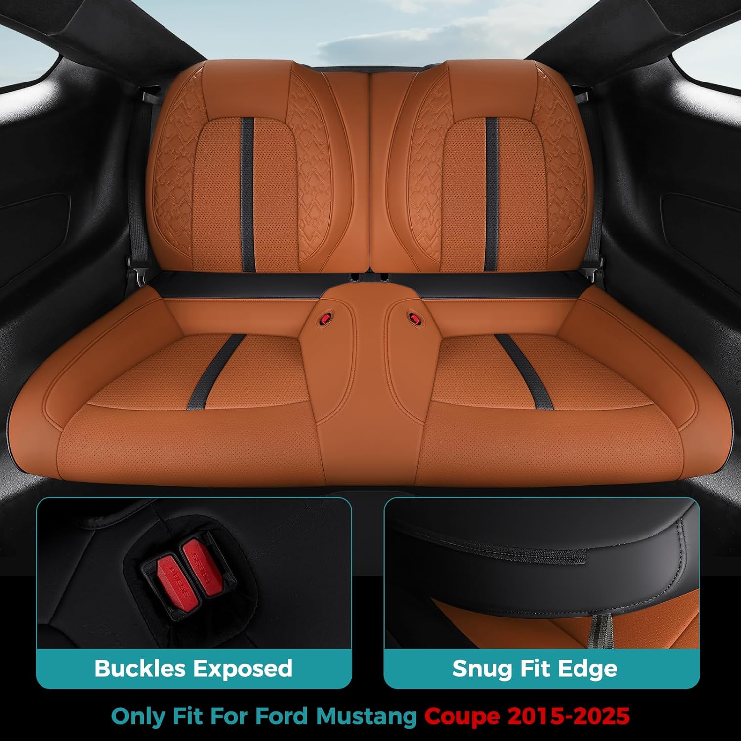 Seat Cover for Ford Mustang Coupe 2025 2024 2023 2022 2021 2020 2019 2018 2017 2016 2015, Waterproof Faux Leather Seat Covers, BlackBrown 2015-2023 Fastback/ Mach 1/ Coupe (Not For Recaro) BlackBrown