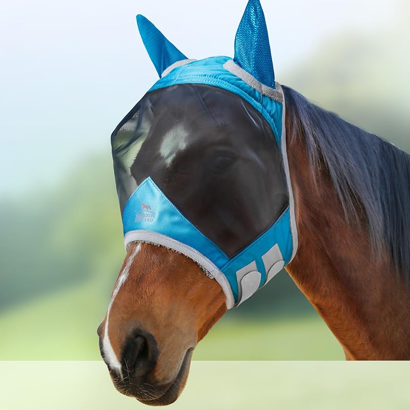 Máscara contra moscas para cavalos Harrison Howard CareMaster Pro Luminous com orelhas, malha translúcida e proteção UV, Sky Blue, X-Large (Warmblood)