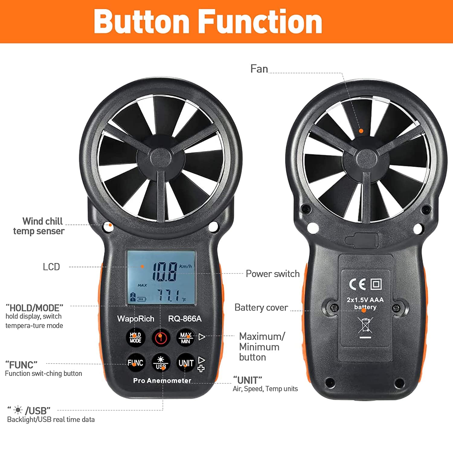 Anémomètre Numérique CFM, WapoRich Anemometre Portable - Synchronisation des Données avec PC pour une Analyse Précise - Mesure la Vitesse du Vent/Débit d'Air/Humidité/Temp/Point de Rosée RQ-866A