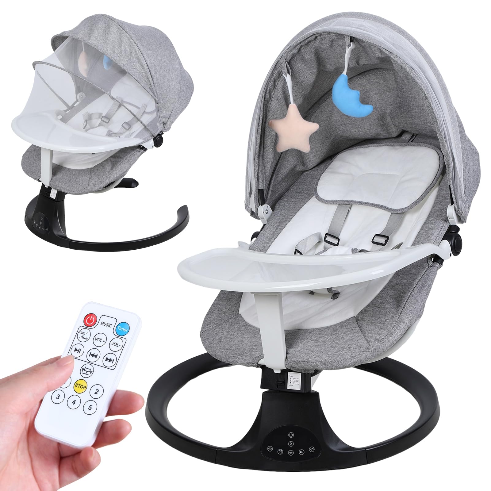 Transat Bébé Évolutif Balancelle Électrique avec Bluetooth/Télécommande - Harnais 5 Points, Mouvement Up-Down, Pare-Soleil et Alimentation Piles/Secteur - Transat Balancelle Bébé 0-24