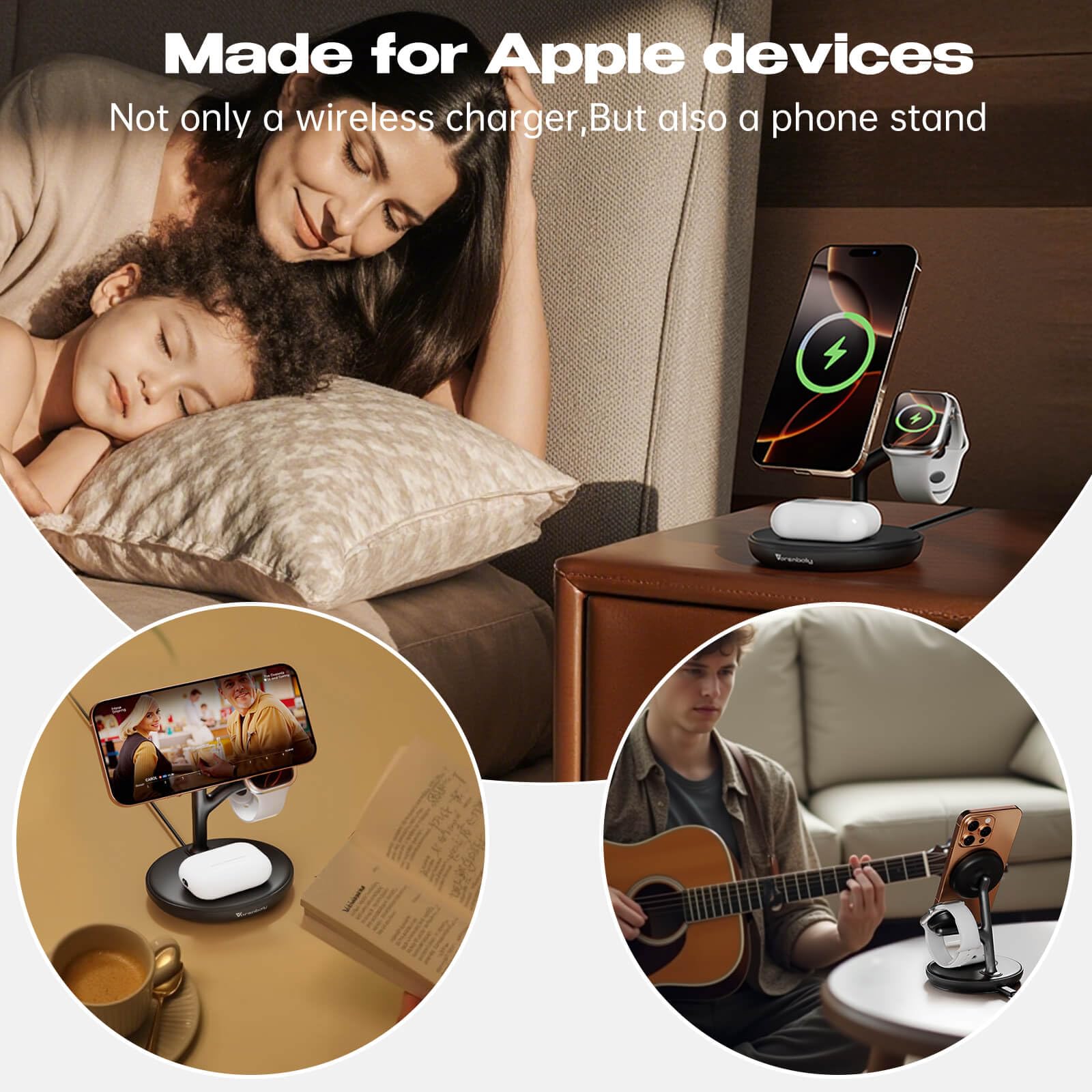 Estación de carga 3 en 1 para Apple, cargador inalámbrico magnético rápido para múltiples dispositivos iPhone 16/15/14/13/12, para Airpods y Apple Watch Magsafe soporte de carga