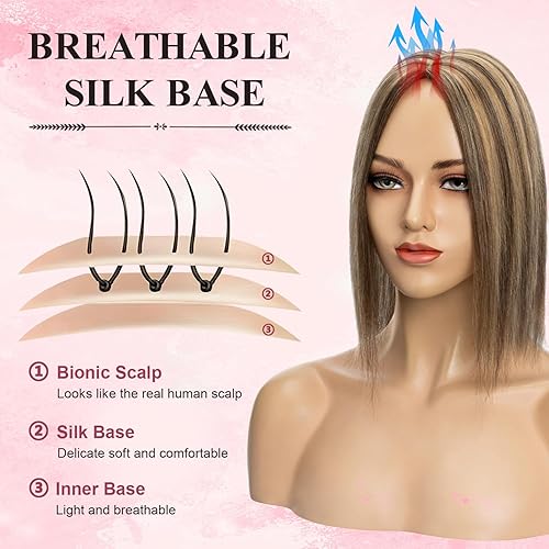 Miniatura 2 de Toppers para el cabello para mujeres con cabello fino, 12 pulgadas, sin flequillo, 100% cabello humano real, densidad del 150%, #4P27, castaño medio