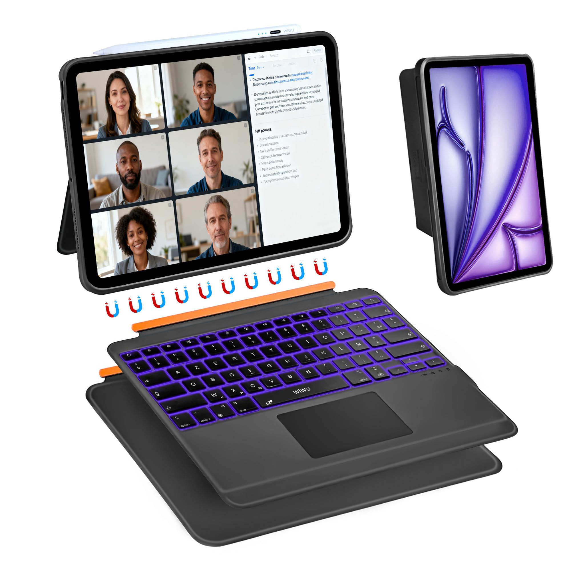 WIWU Clavier iPad Air 13 Pouces M4/M3/M2 Pro 12.9",Étui MagnétiqueDétachable avec Support Réglable 7 Couleurs Rétroéclairées avec Pavé Tactile (Noir, pour Air 13" M4/M3/M2 et Pro 12.9" 6/5/4/3)