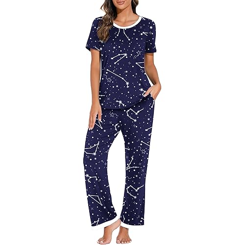 PrinStory 2024 Womens Pajama Set Short Sleeve Sleepwear Ladies Soft Pjs Lounge Set with Pockets